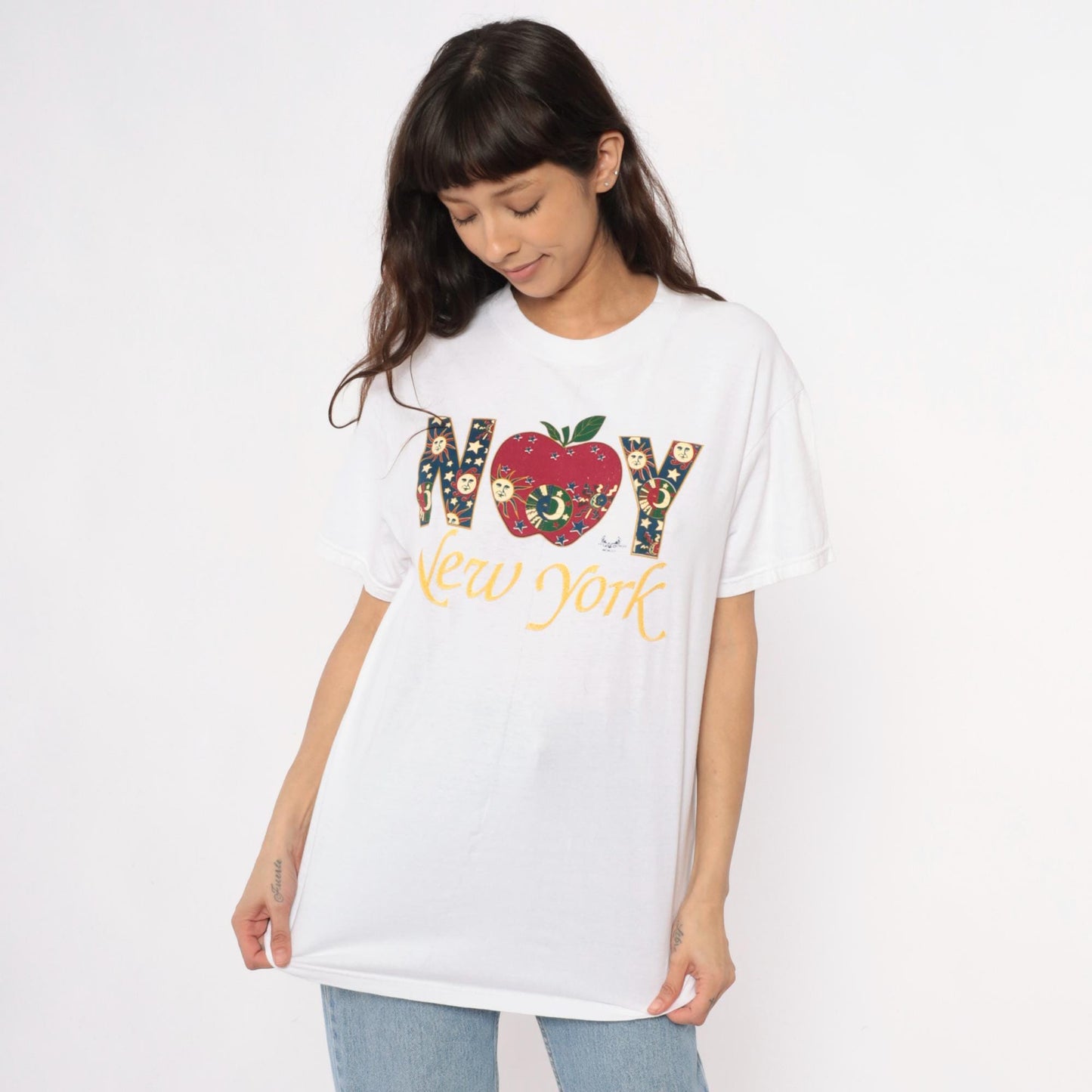 90s New York Celestial Graphic T-Shirt White Cotton Medium M