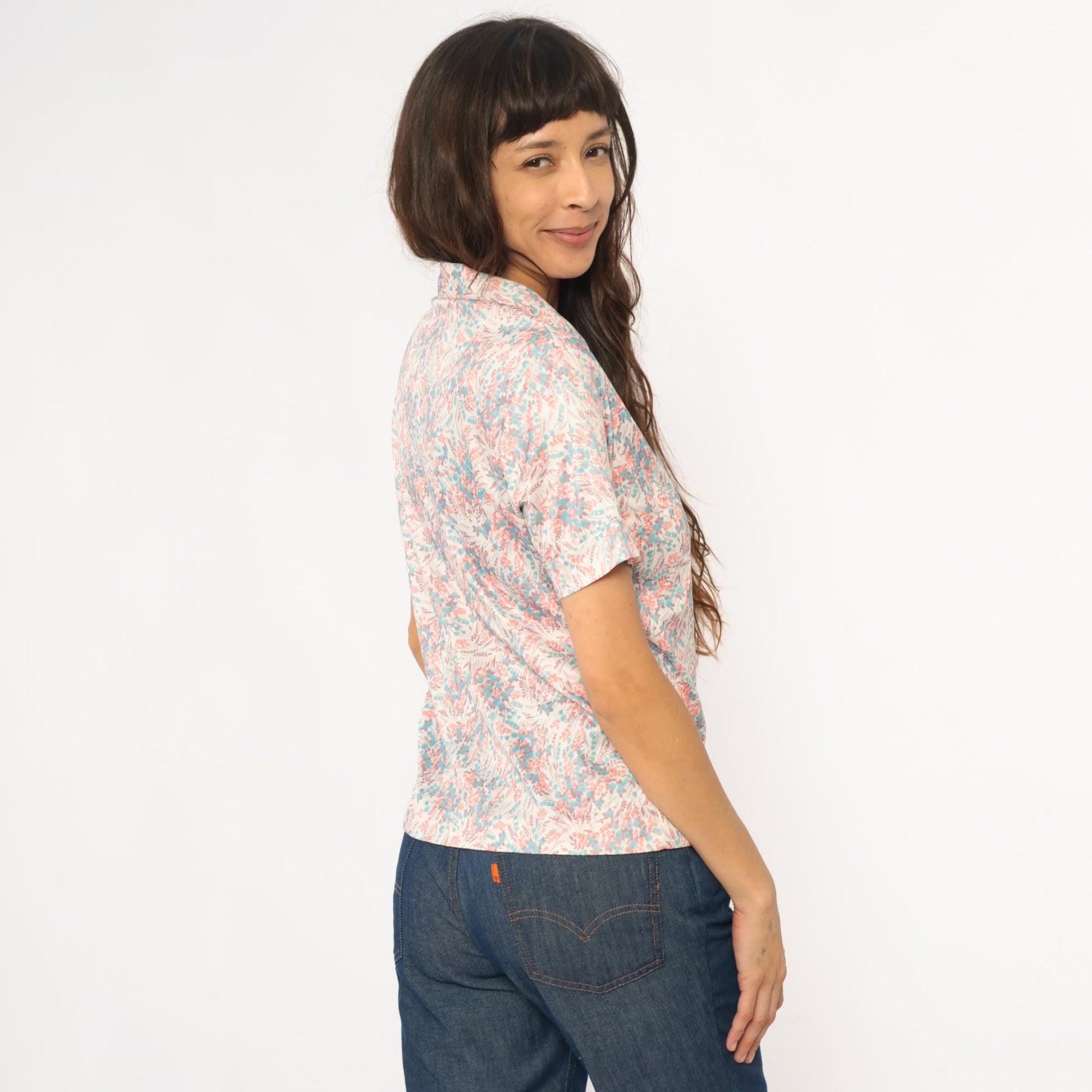 70s Floral Collared Blouse Cream Pink Turquoise Burgundy Short Sleeve Medium M