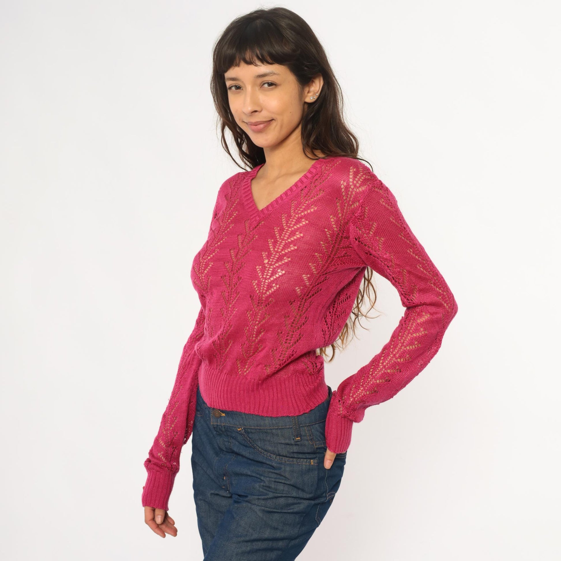 70s Alice Kim Hot Pink Pointelle Knit Sweater Chevron V-Neck Small