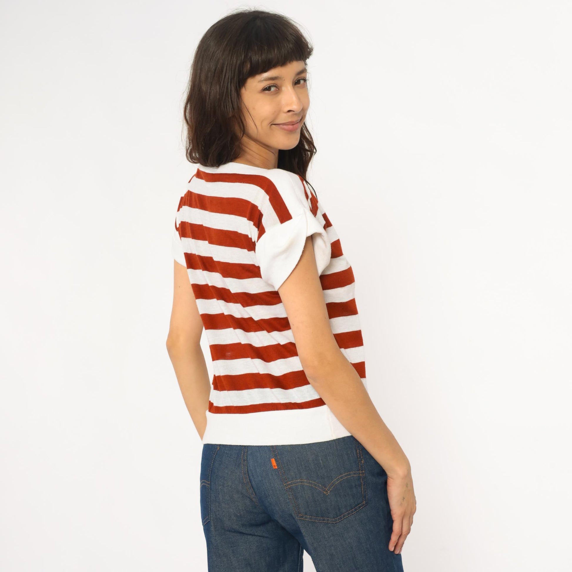 80s Rust & White Striped Boat Neck Tee Cotton Short Sleeve Small