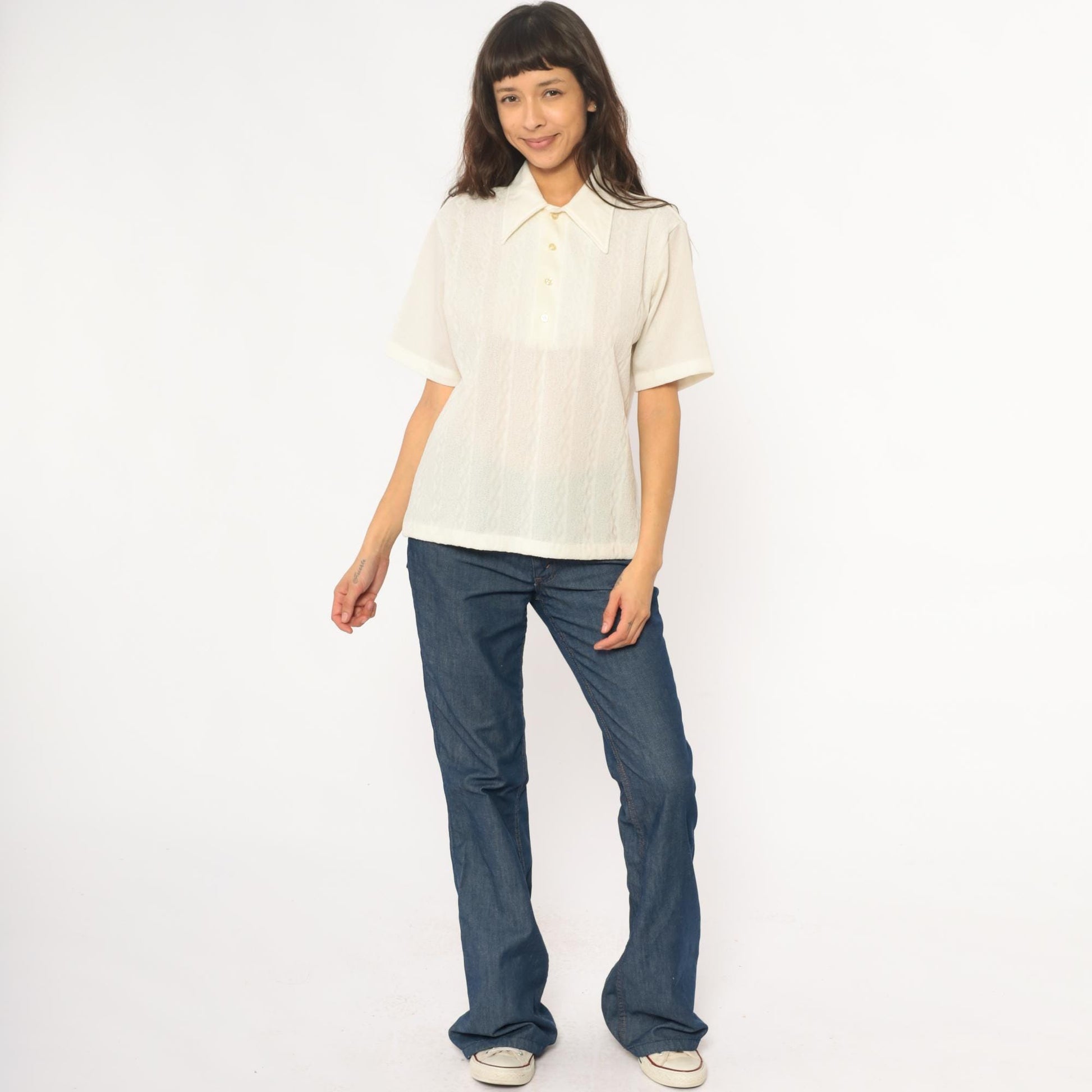 70s JC Penney Towncraft Cream Polo Blouse Pointed Collar Ribbed Large