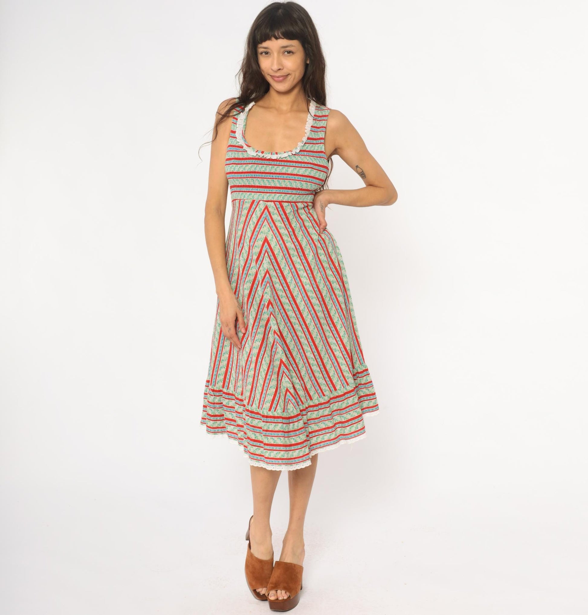 70s JC Penney Striped Chevron Prairie Dress Empire Waist Mint Small