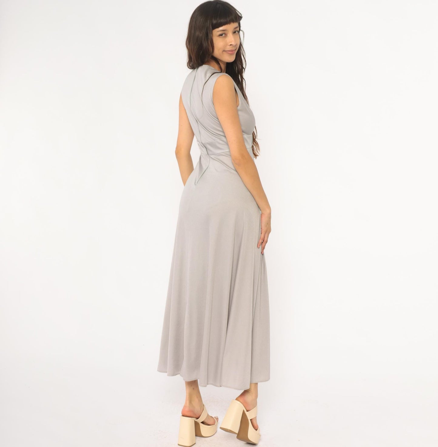 70s Silver Maxi Dress V-Neck Empire Waist Sleeveless Evening Gown Small