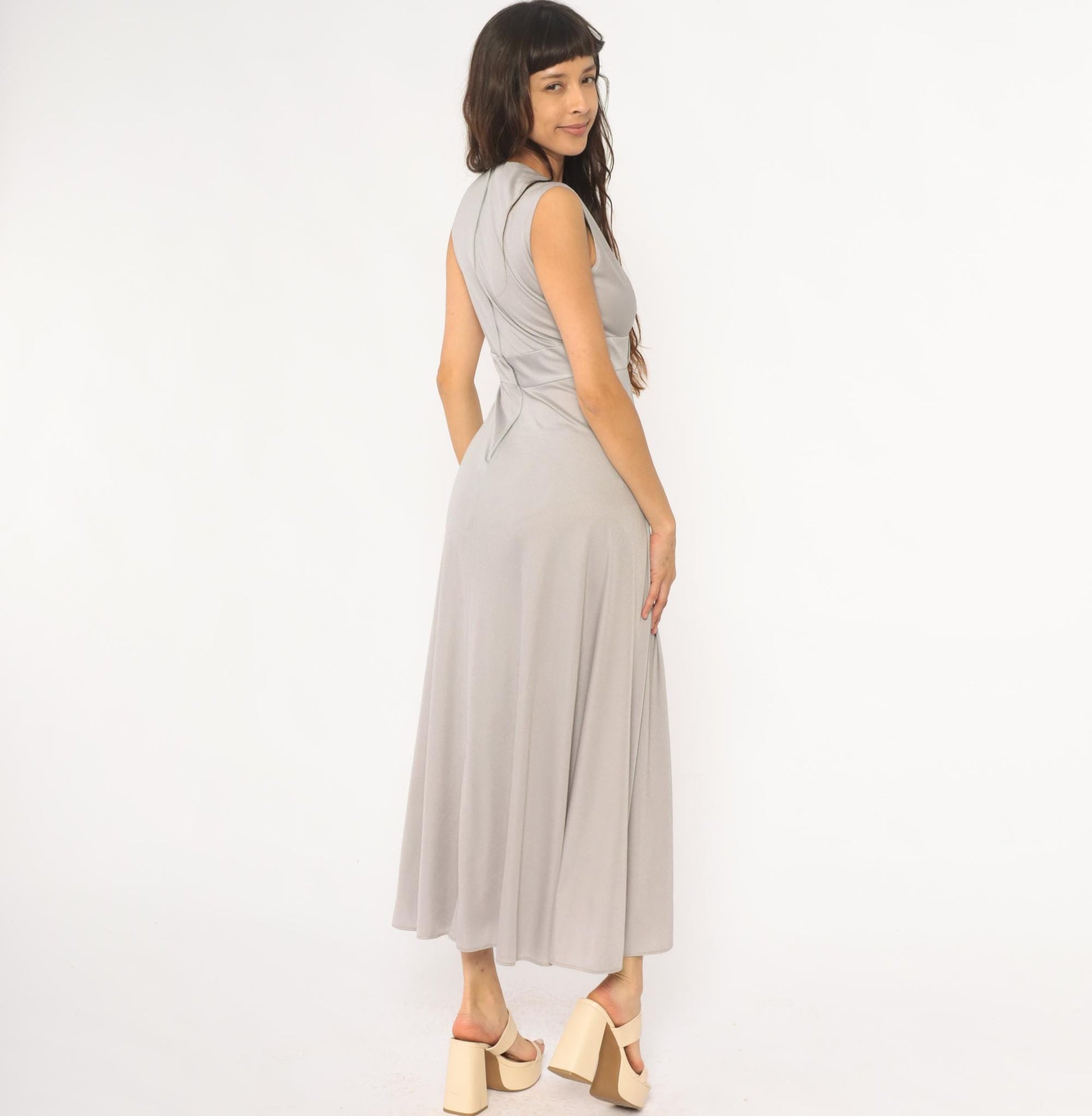 70s Silver Maxi Dress V-Neck Empire Waist Sleeveless Evening Gown Small