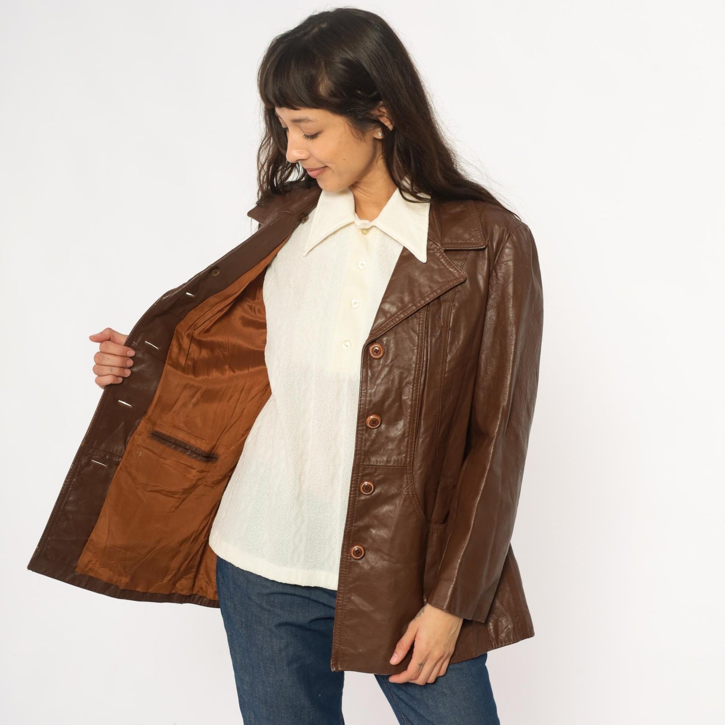 70s Brown Leather Jacket Notched Collar Braided Belt Detail Medium