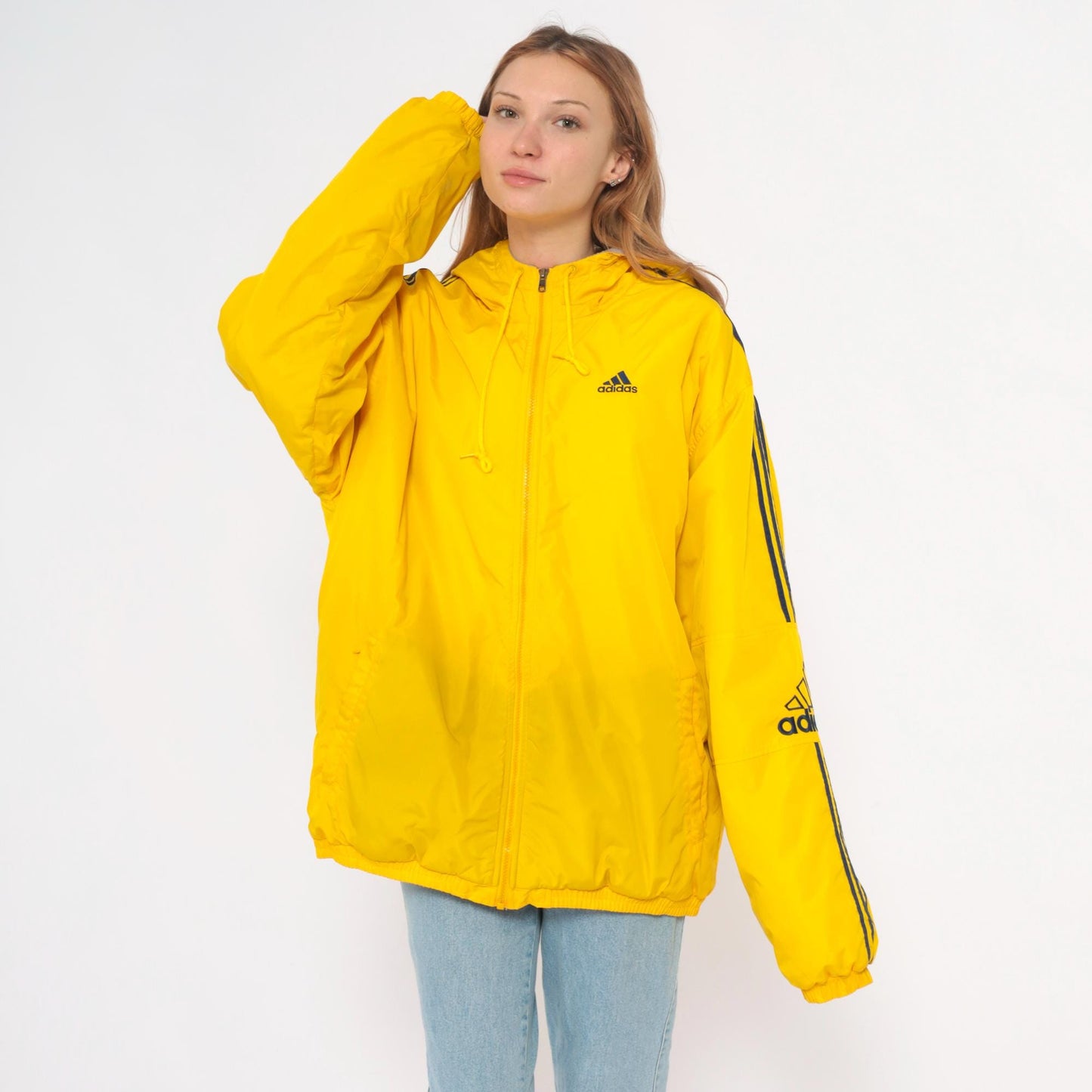 Y2K Adidas Yellow Windbreaker Hooded Jacket Navy Stripe Large L