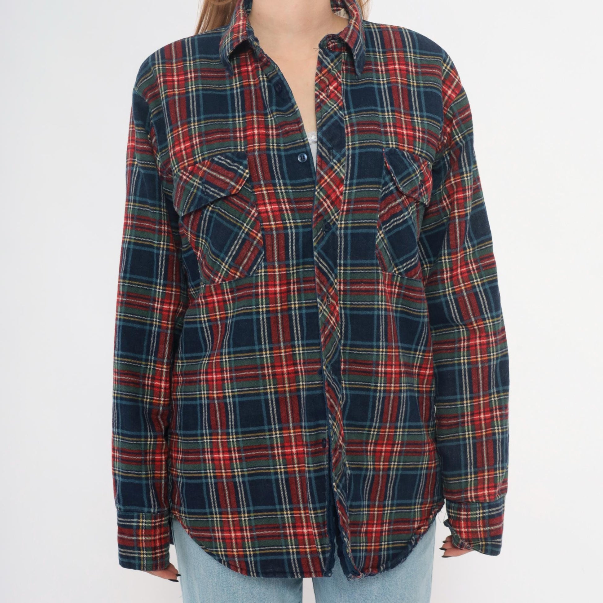 80s Timber Run Plaid Flannel Shirt Navy Red Green Tartan Quilted Medium