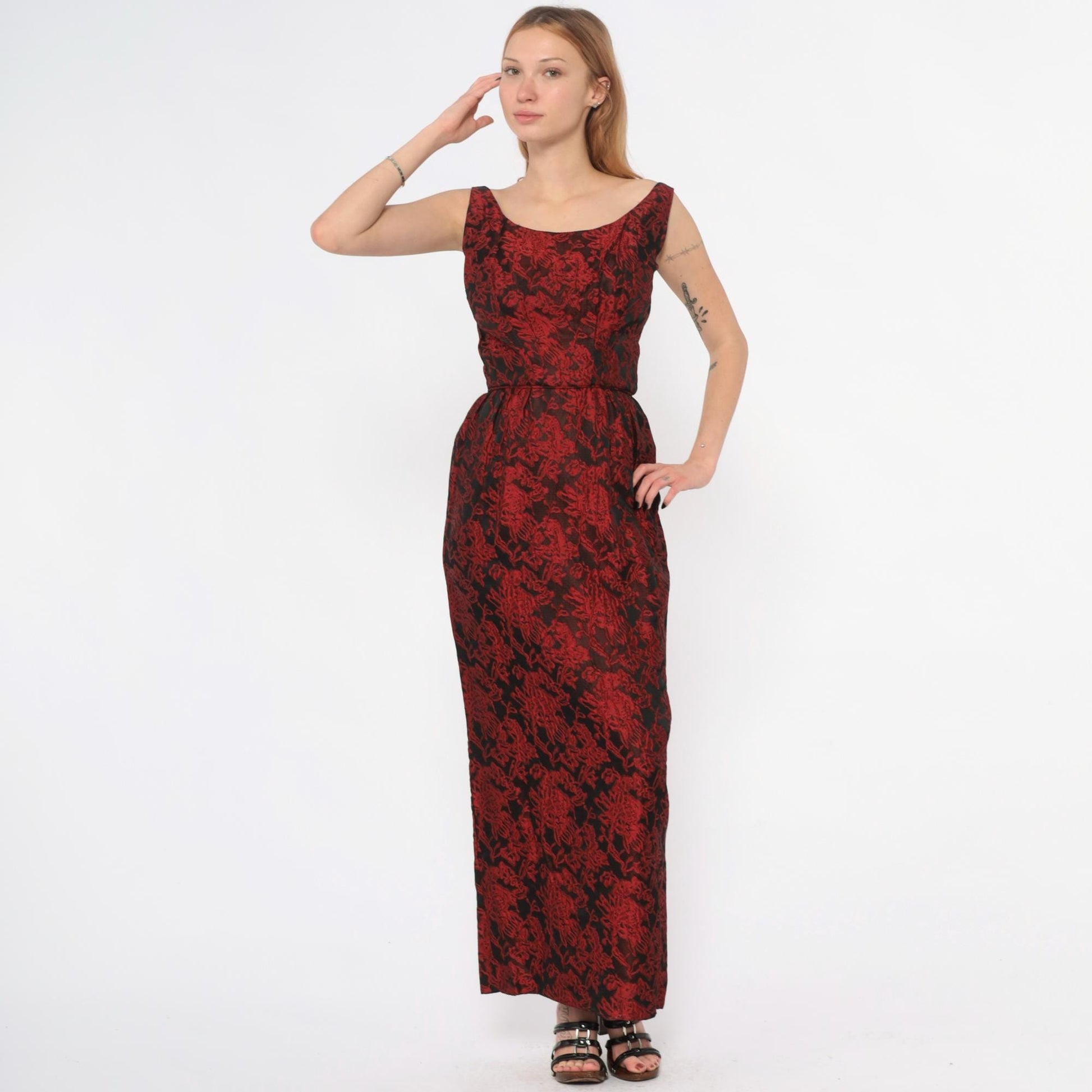 60s Red Black Brocade Empire Waist Evening Gown Floral Jacquard Sleeveless Extra Small