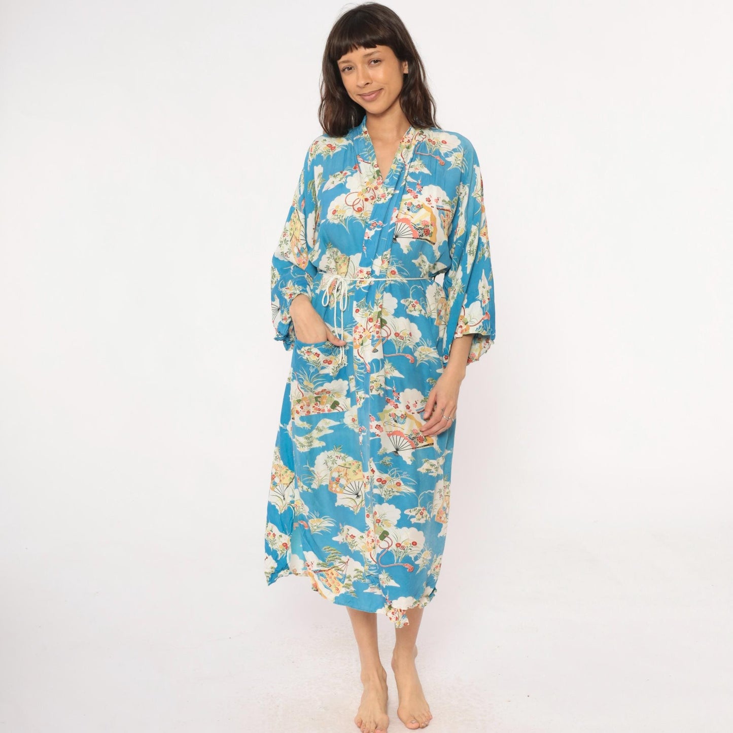 80s Japanese Fan Kimono Robe Blue Floral Maxi Cotton Wrap Large L