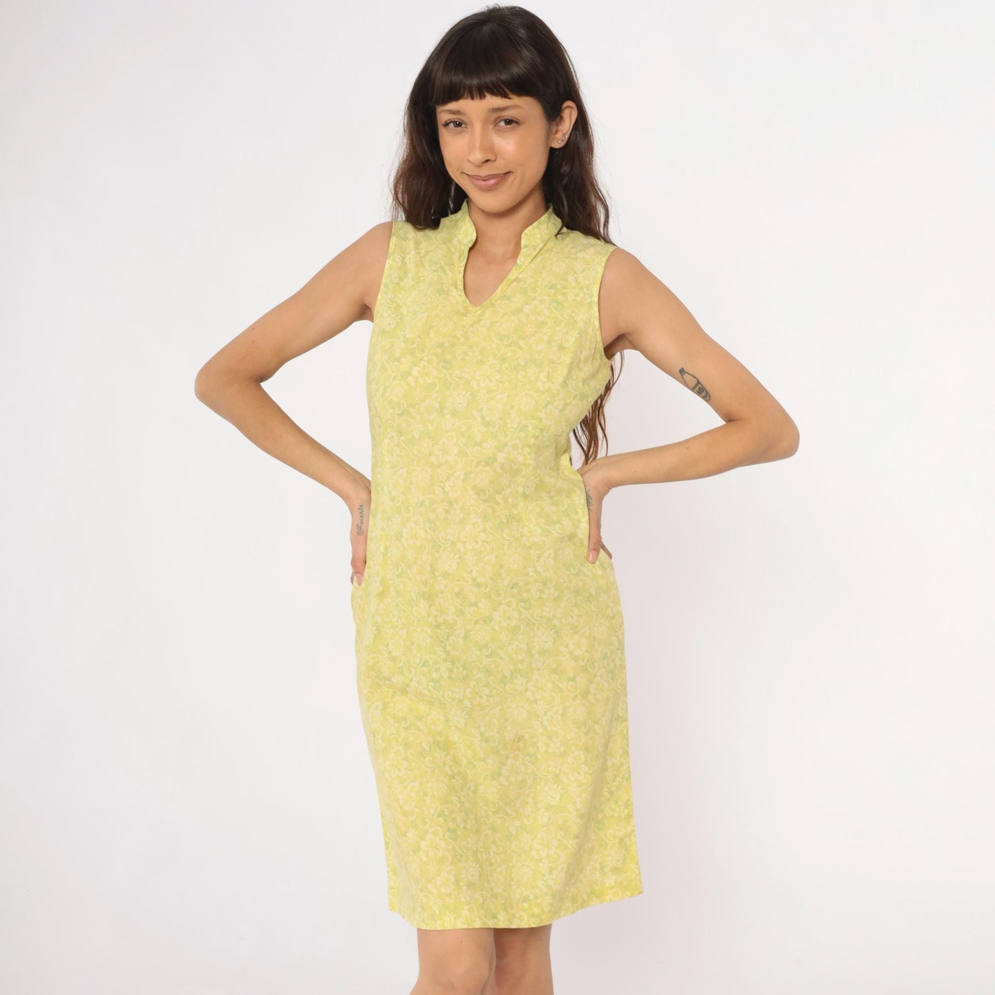 Y2K Yellow Floral Damask Knee-Length Shift Dress Collared Small