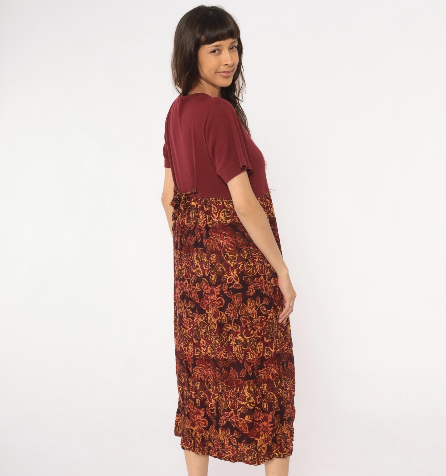 90s Burgundy Colorblock Floral Embroidered Midi Dress Rayon Medium M