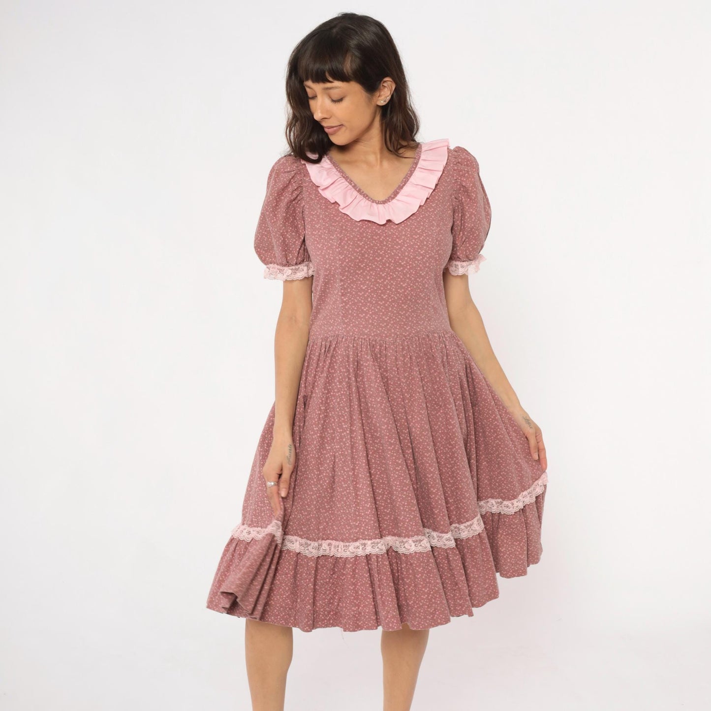 70s Prairie Dress Floral Dusty Rose Puff Sleeve Ruffle Collar Lace Trim Large L