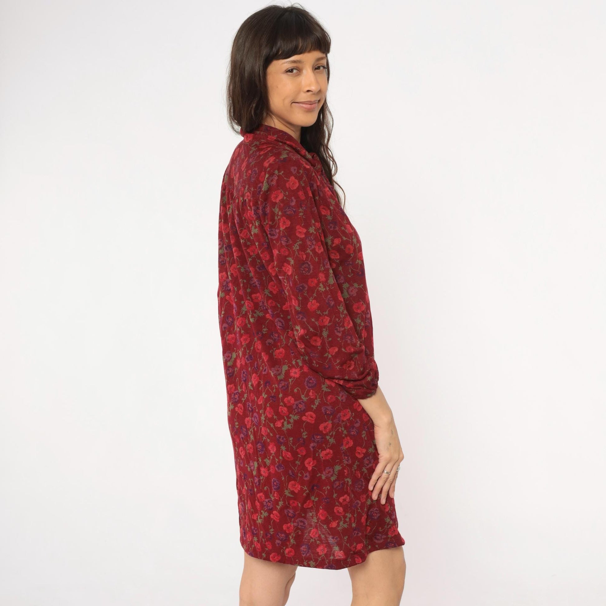 80s Burgundy Floral Midi Dress Long Sleeve Tie Neck Button Front Medium