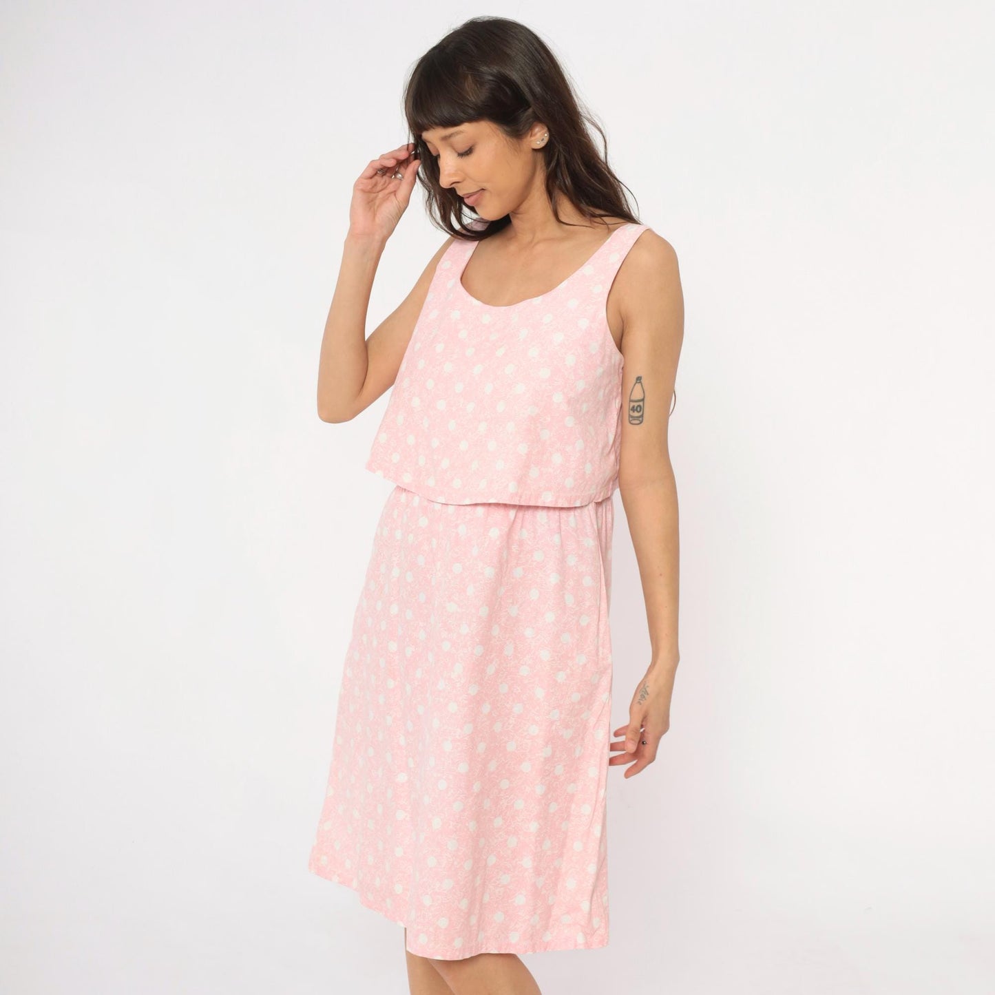 90s Pink Polka Dot Cotton Sundress Sleeveless Scoop Neck Medium M