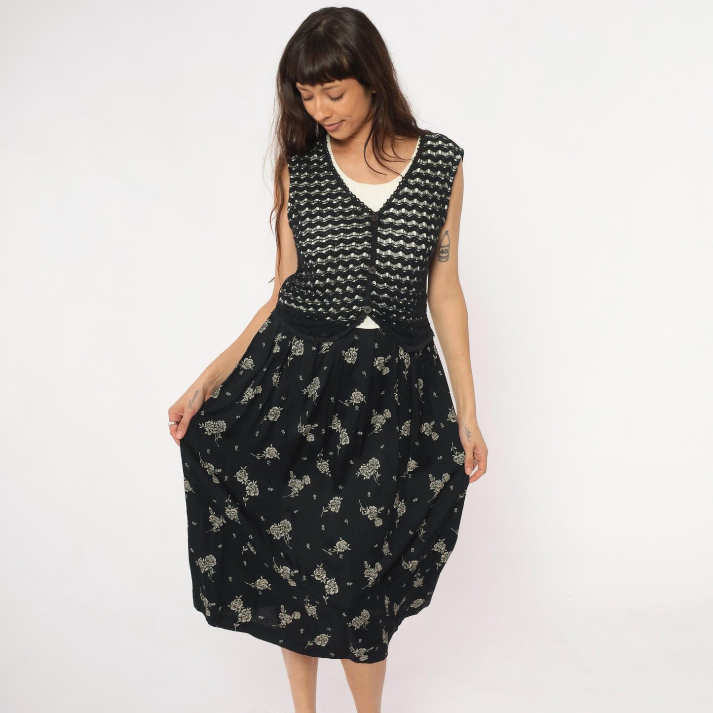90s Molly Malloy Black Floral Midi Dress with Knit Vest Overlay Small