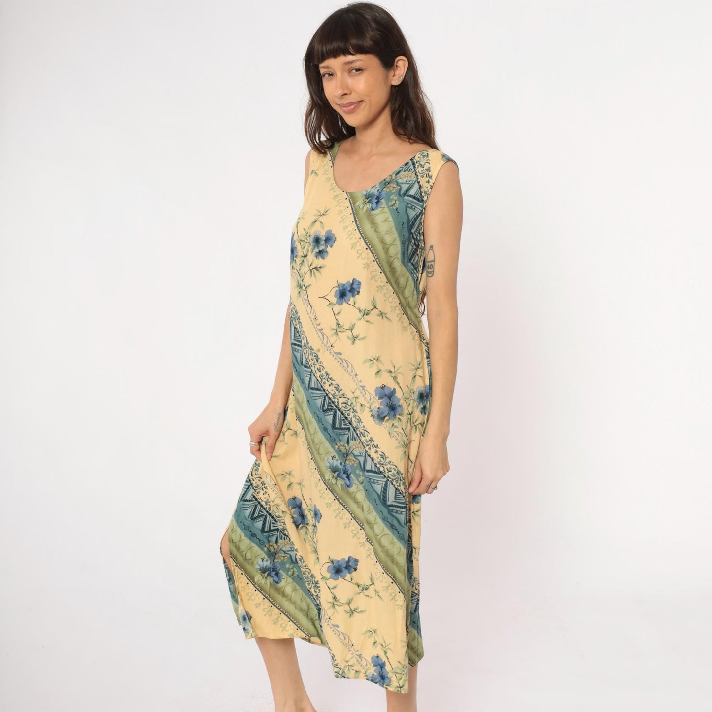 90s R&K Originals Yellow Floral Midi Dress Diagonal Stripe Tie Waist Medium M