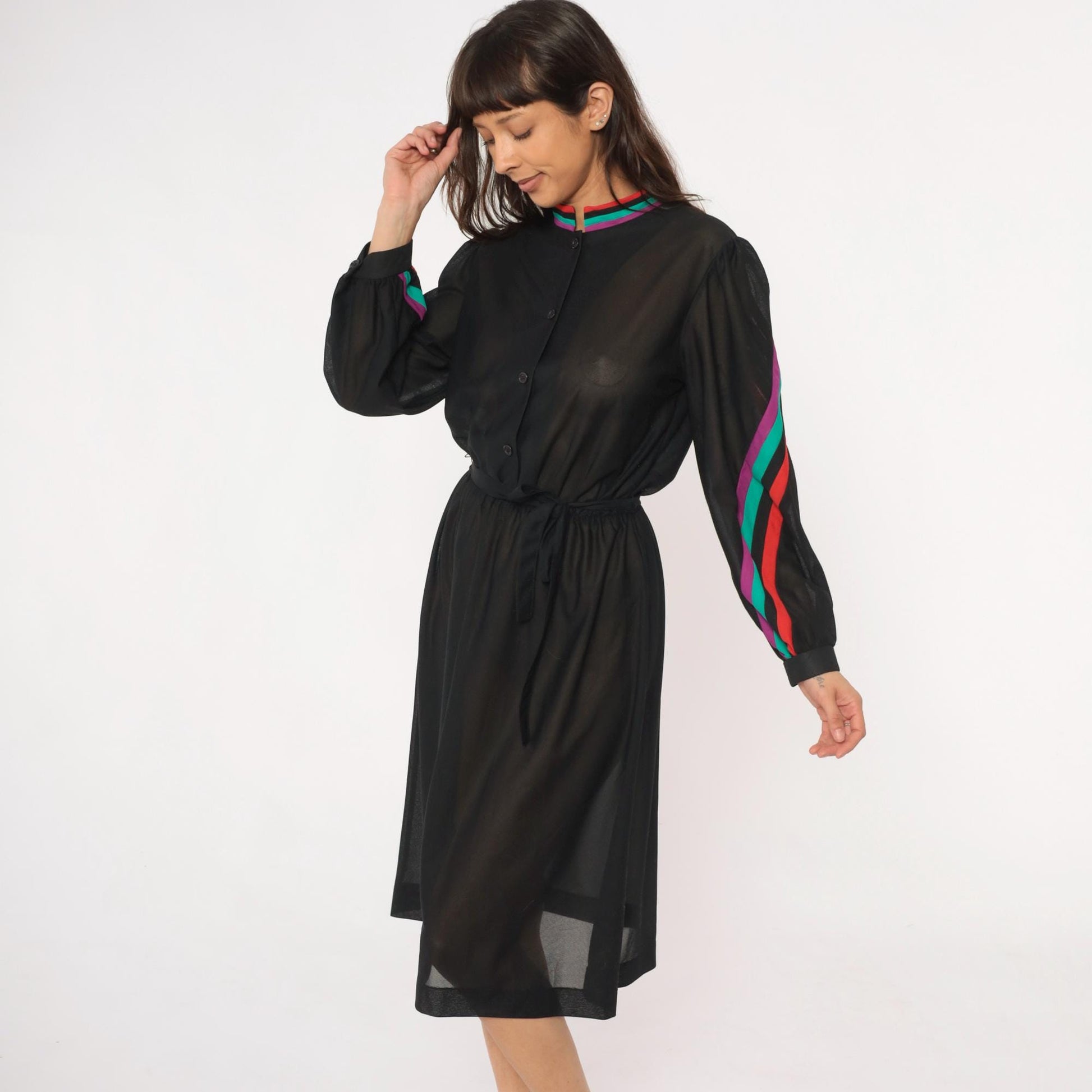 80s Blair Black Dress Striped Trim Stand Collar Long Sleeve Knee Length Medium