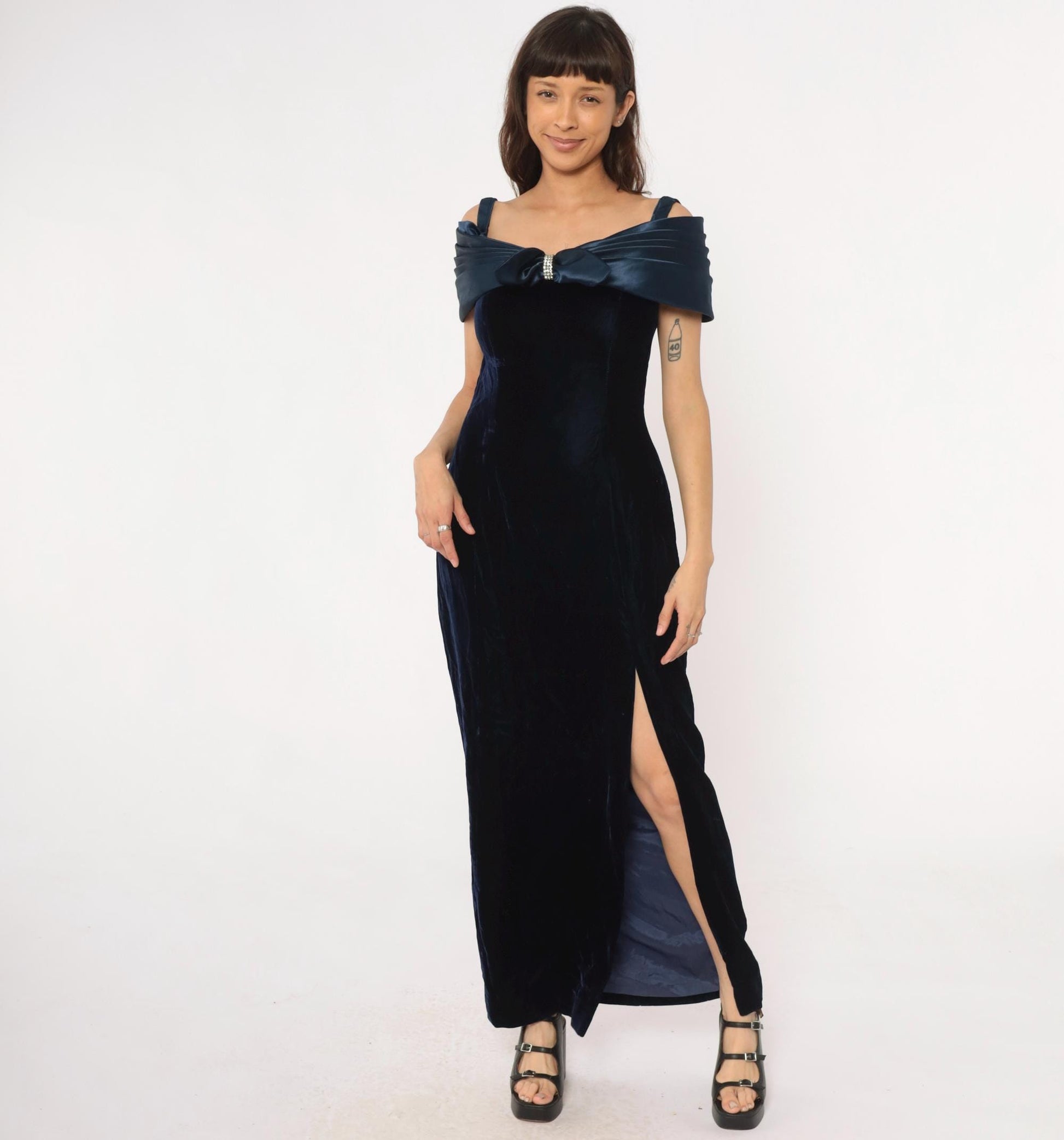 90s Navy Velvet Maxi Dress Off-Shoulder Bow Rhinestone Medium