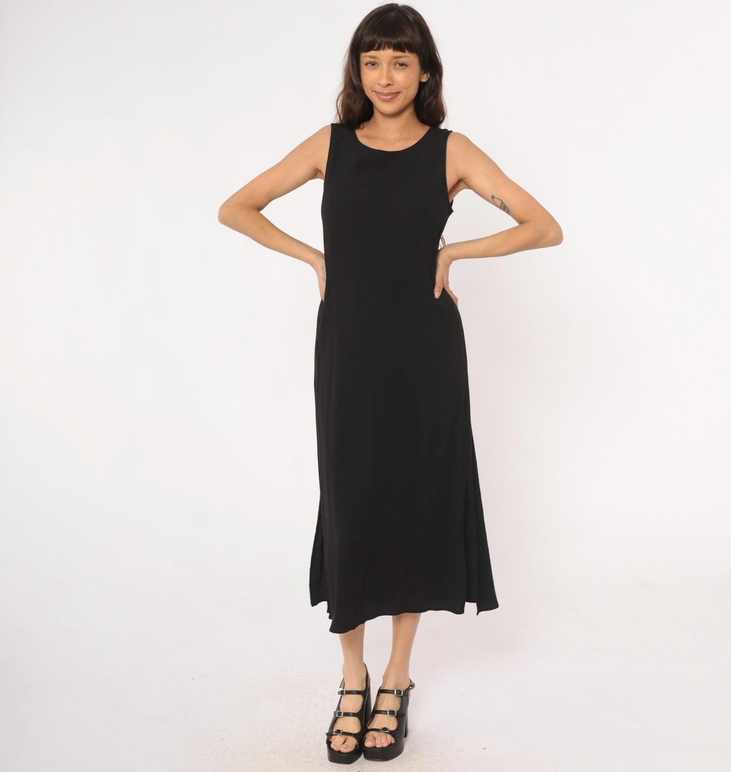 90s Black Maxi Dress Valerie Stevens Petites Sleeveless Column Medium