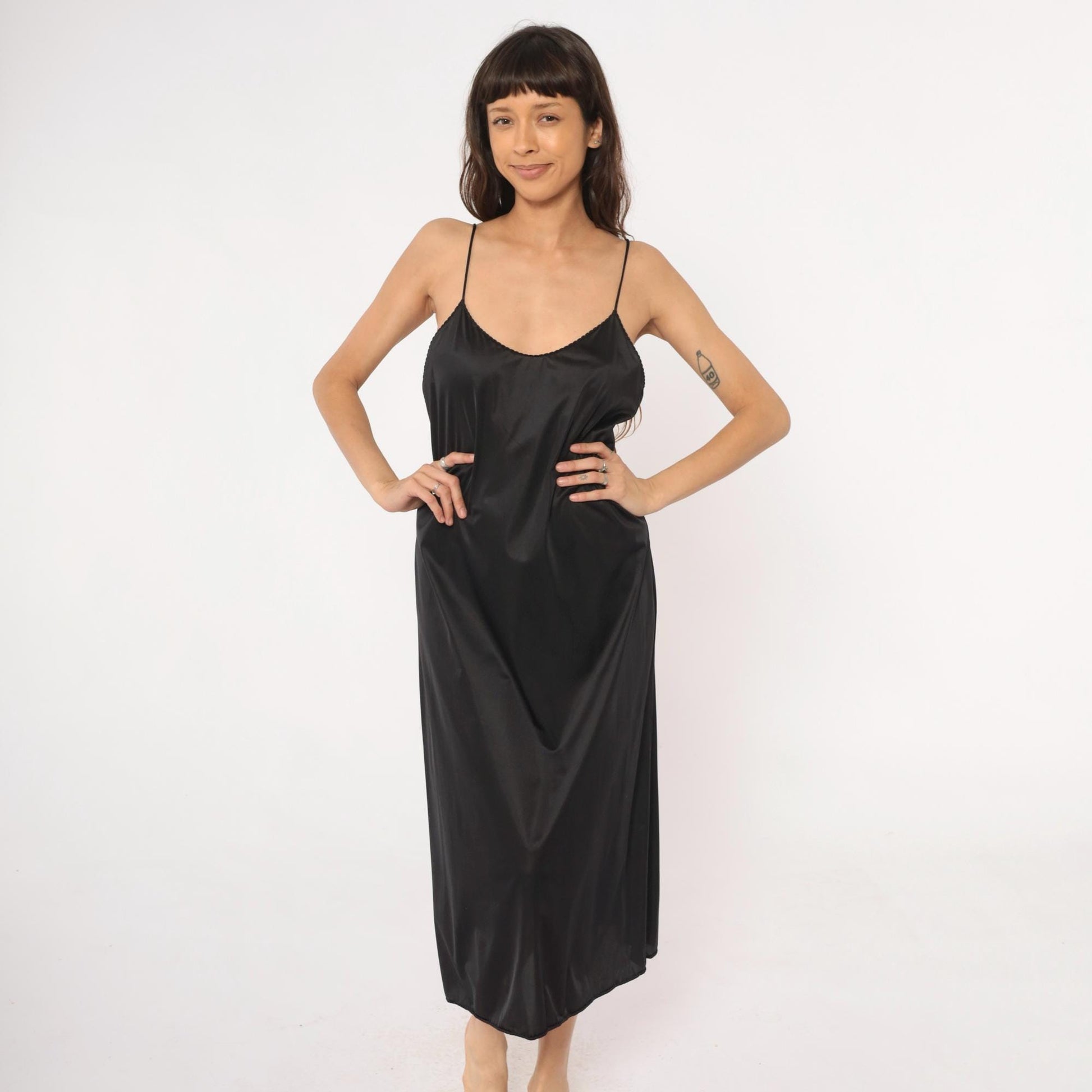 90s Vanity Fair Black Slip Dress Spaghetti Strap Lace Trim Midi Medium
