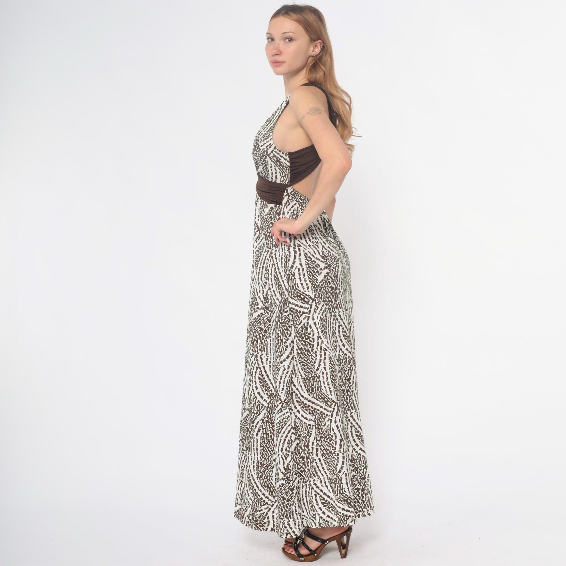 Y2K Hypnotik Halter Maxi Dress Brown Geometric Open Back Medium M