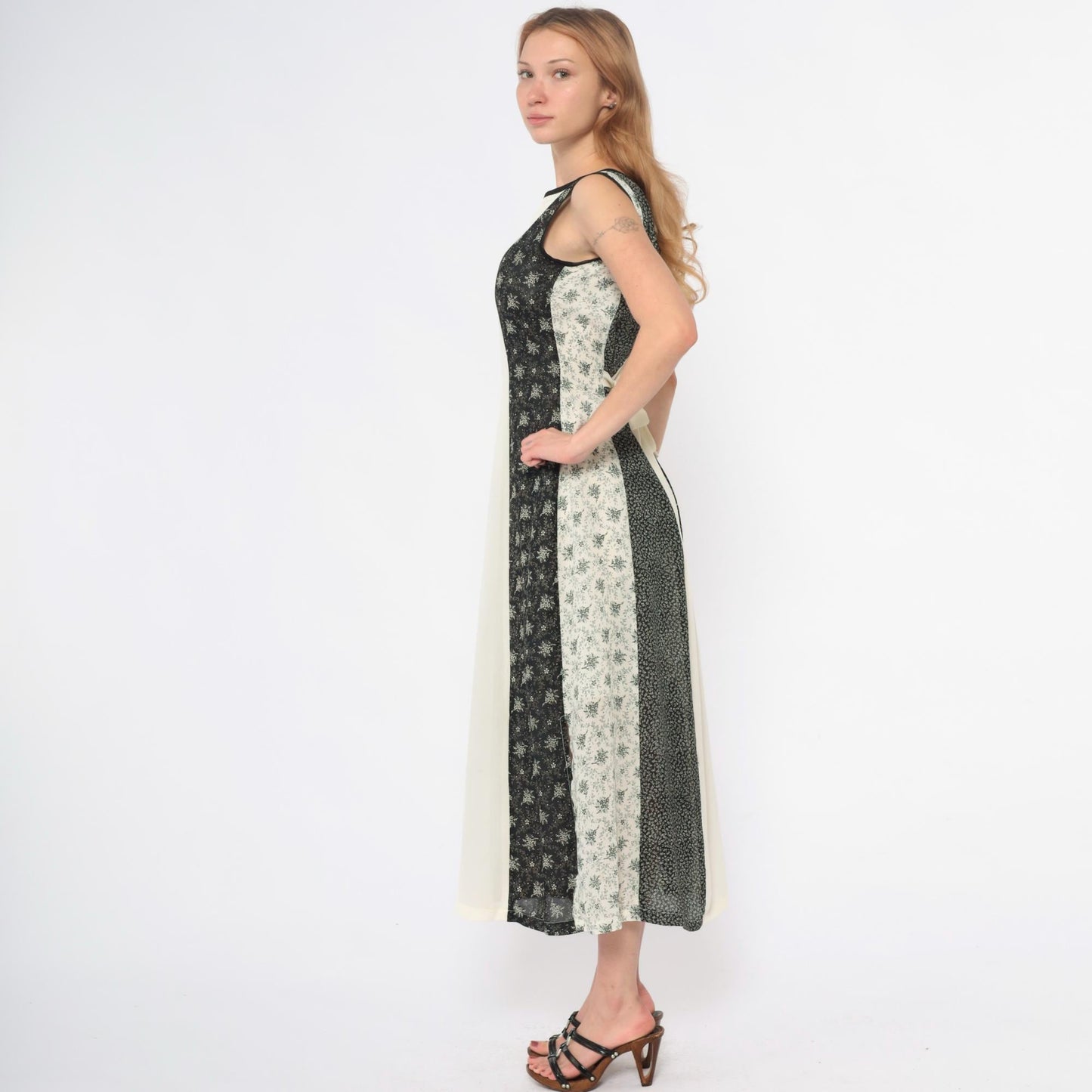 Y2K Maxi Dress Black White Floral Striped Tie Waist Sleeveless Medium M