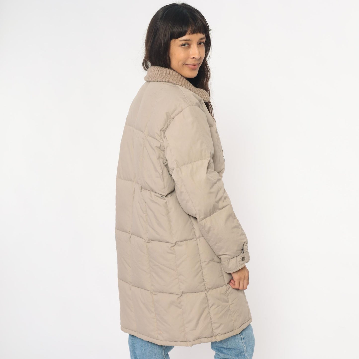 80s Beige Quilted Puffer Coat Down Filled Long Jacket Knit Collar Large L