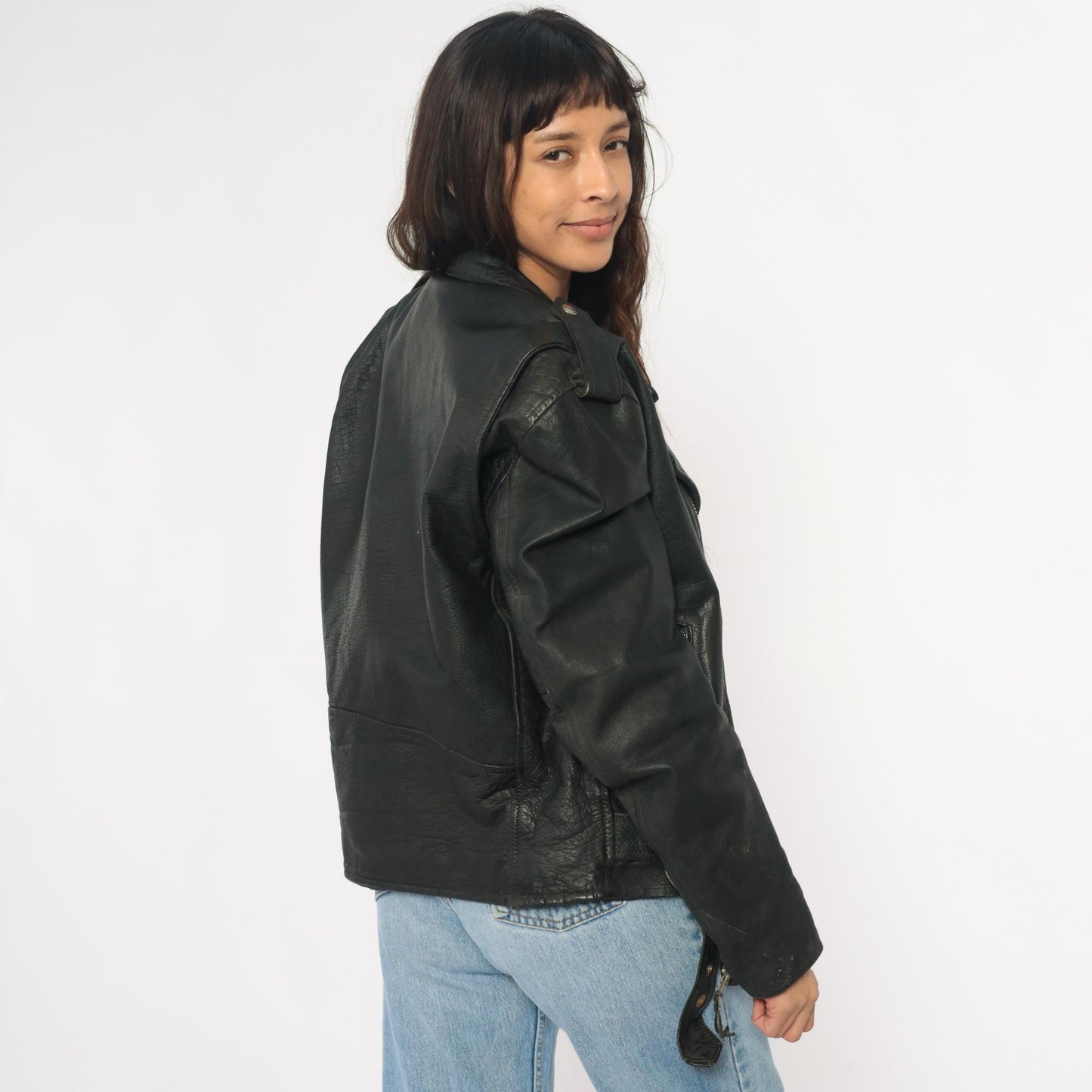 90s Wilsons Leather Black Motorcycle Jacket Belted Zip Silver Hardware Small S