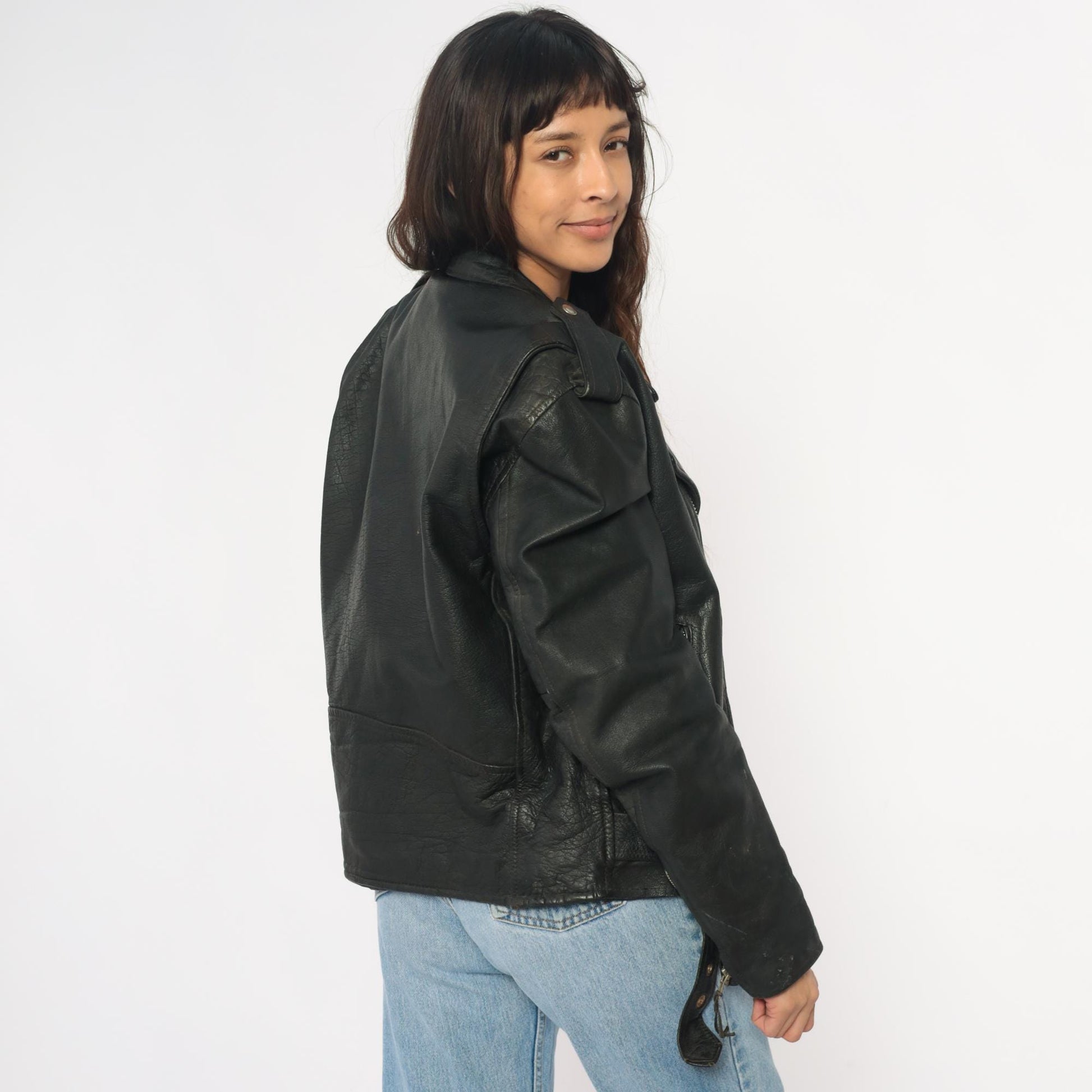 90s Wilsons Leather Black Motorcycle Jacket Belted Zip Silver Hardware Small S