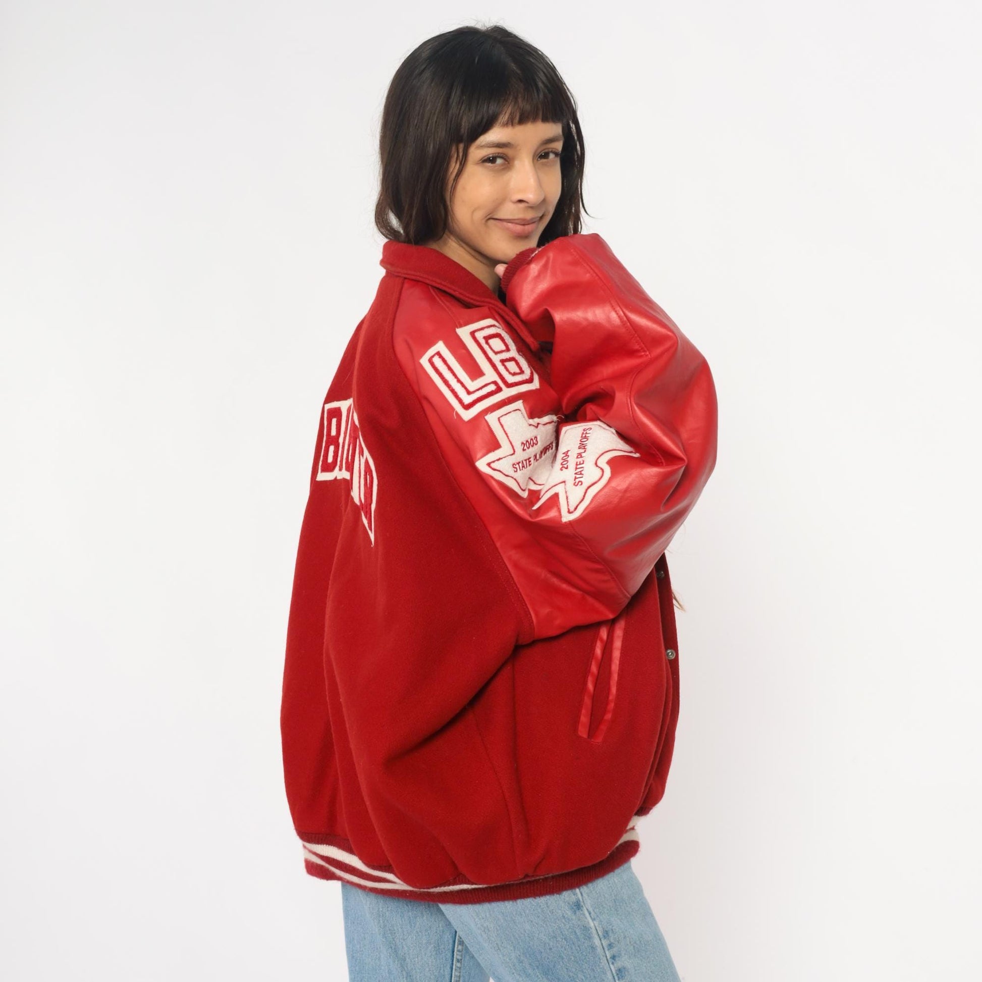 Y2K Neff Red Wool Varsity Jacket Leather Sleeves Football Patches XXL