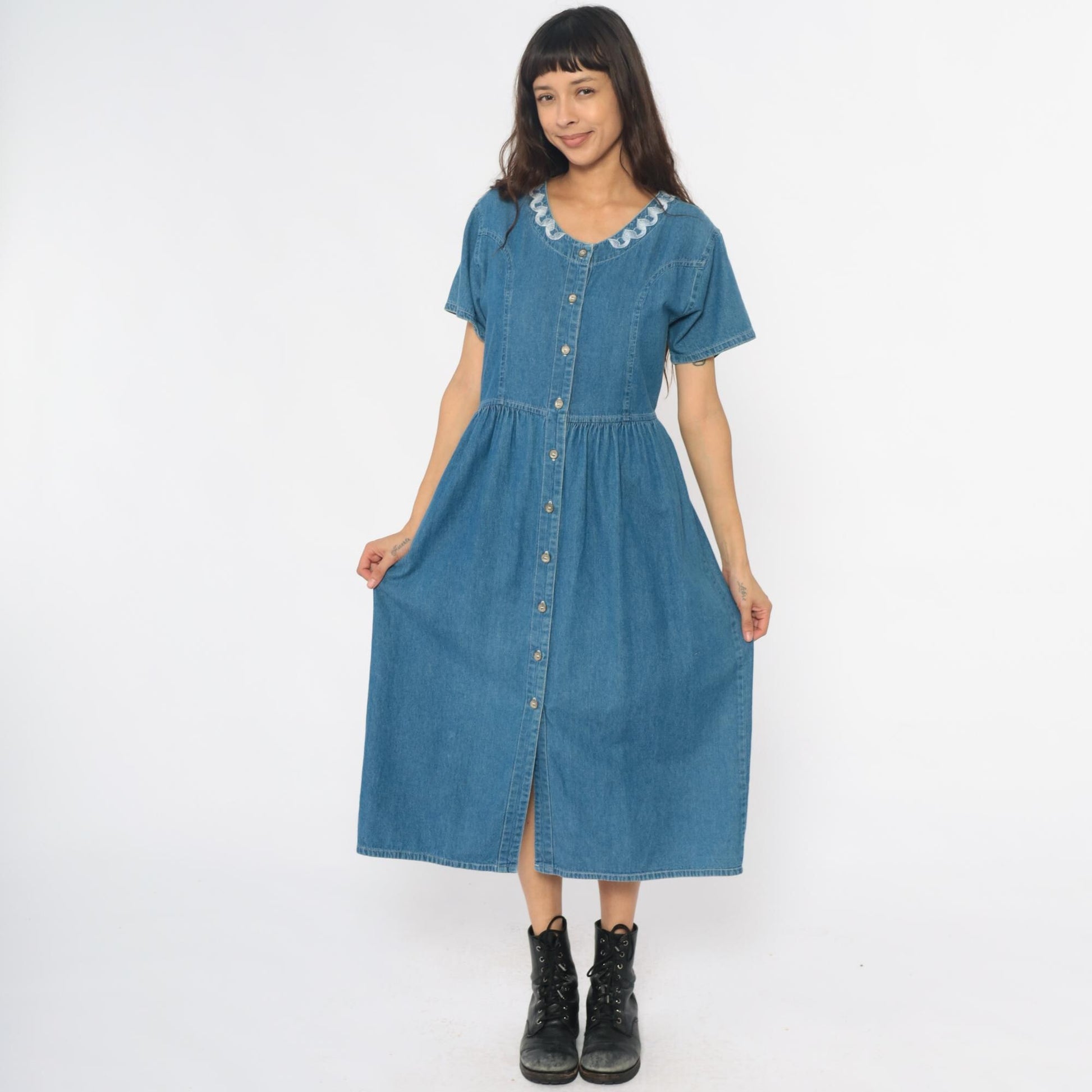 90s G.S. Denims Midi Dress Blue Embroidered Collar Gathered Waist Large L