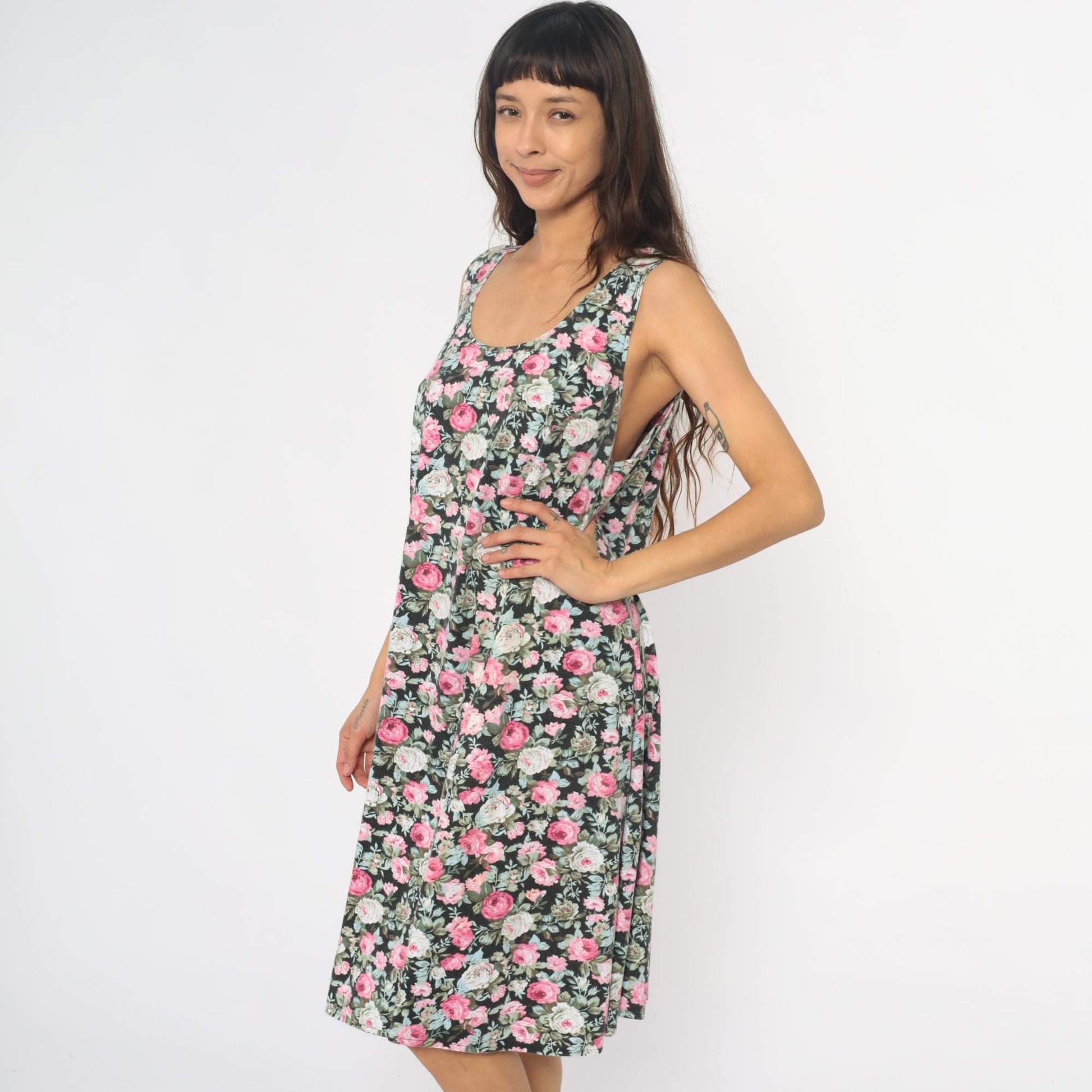 90s Lady Dorby Floral Dress Black Pink Rose Print Sleeveless Cutout Large