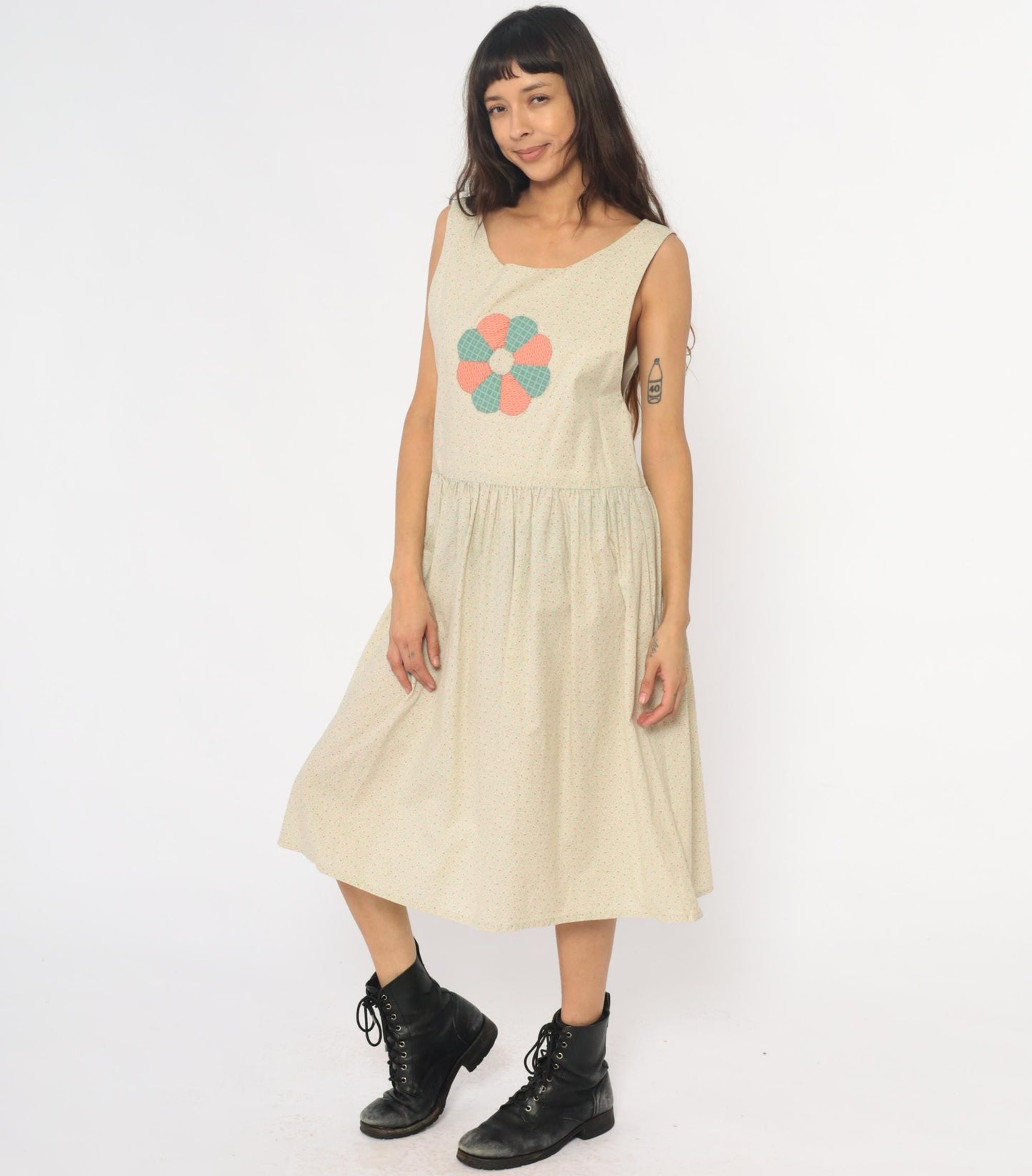 90s Cream Floral Appliqué Drop Waist Midi Dress Gathered Skirt Medium