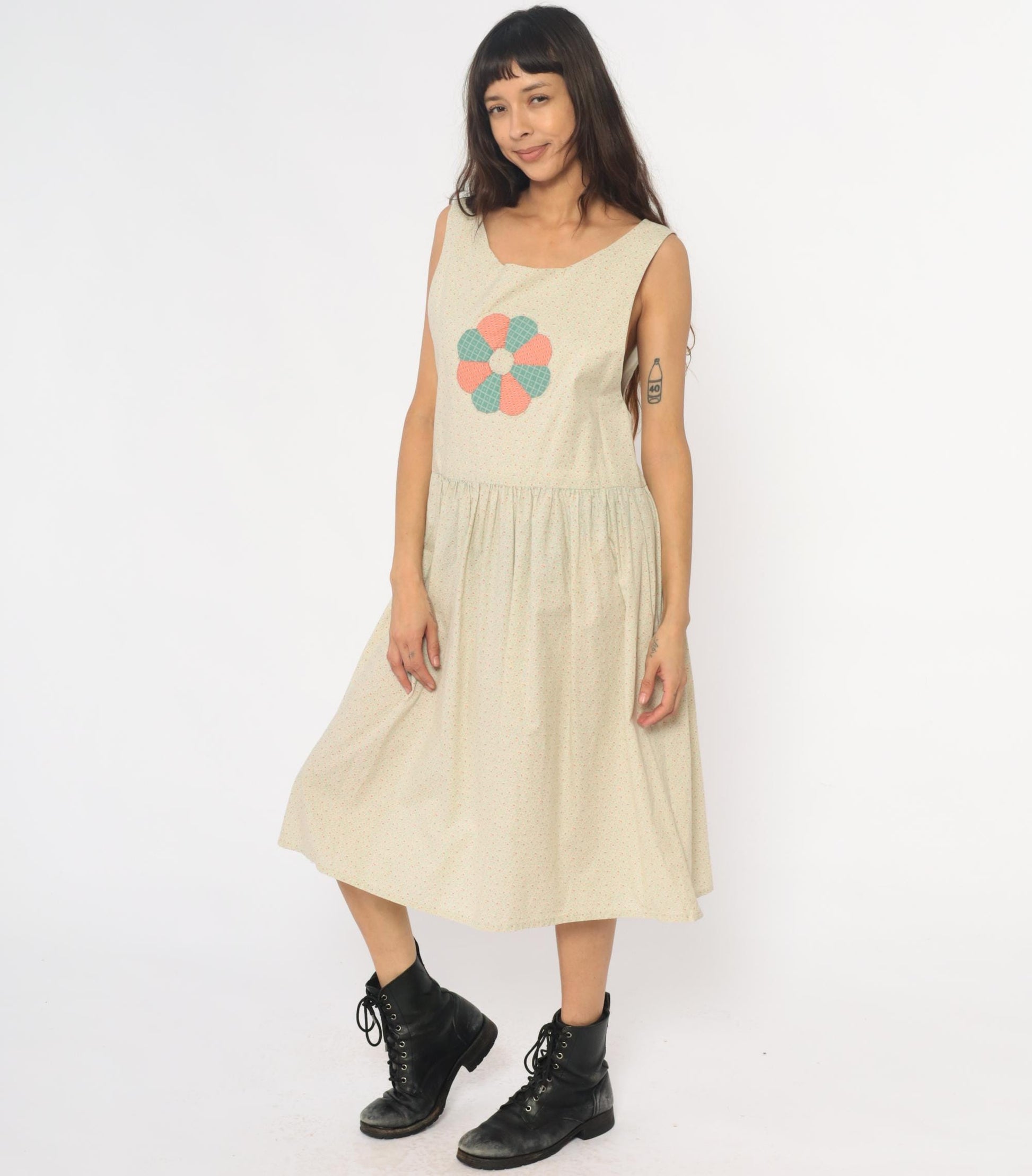 90s Cream Floral Appliqué Drop Waist Midi Dress Gathered Skirt Medium