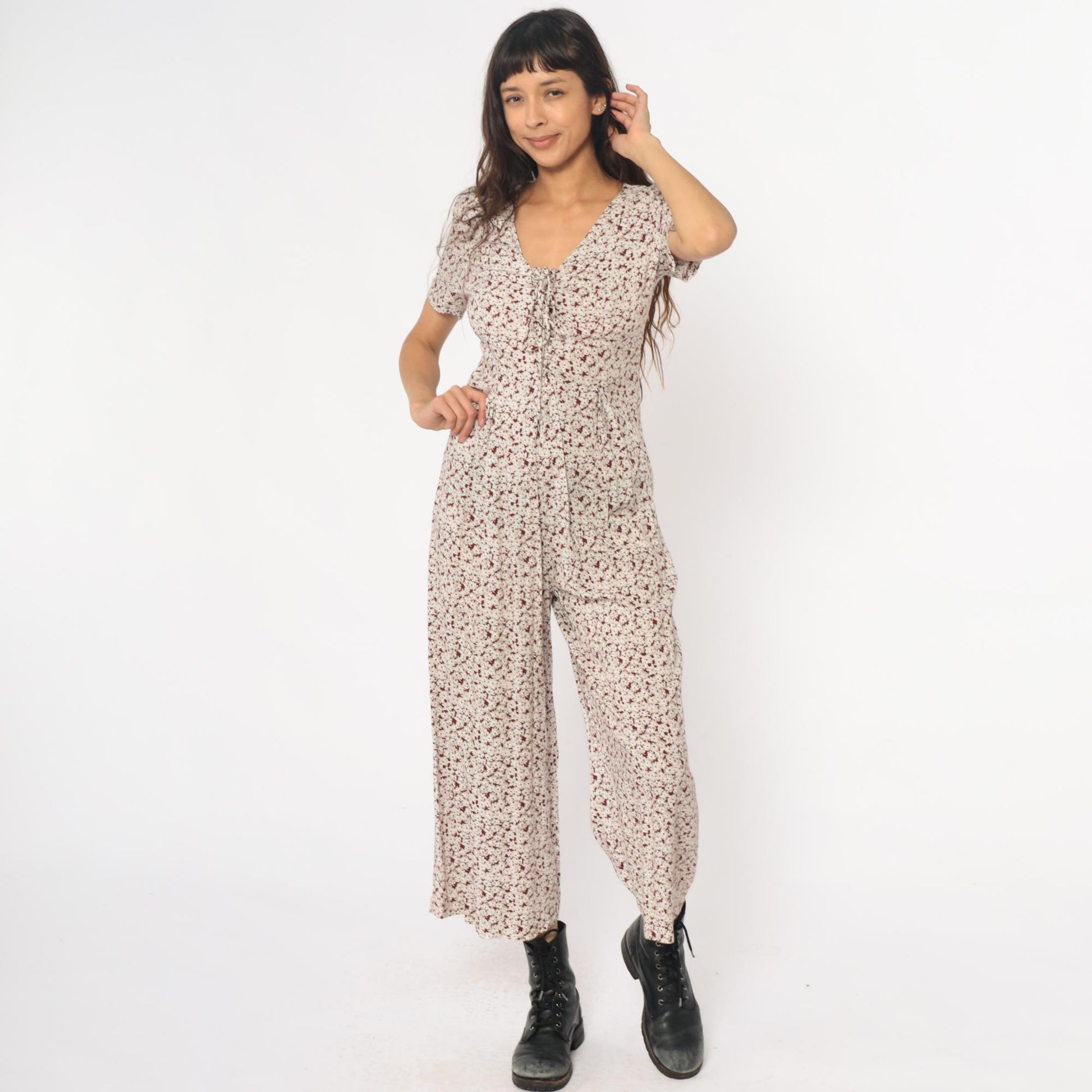 90s All That Jazz Floral Jumpsuit Cream Wide Leg Short Sleeve Small