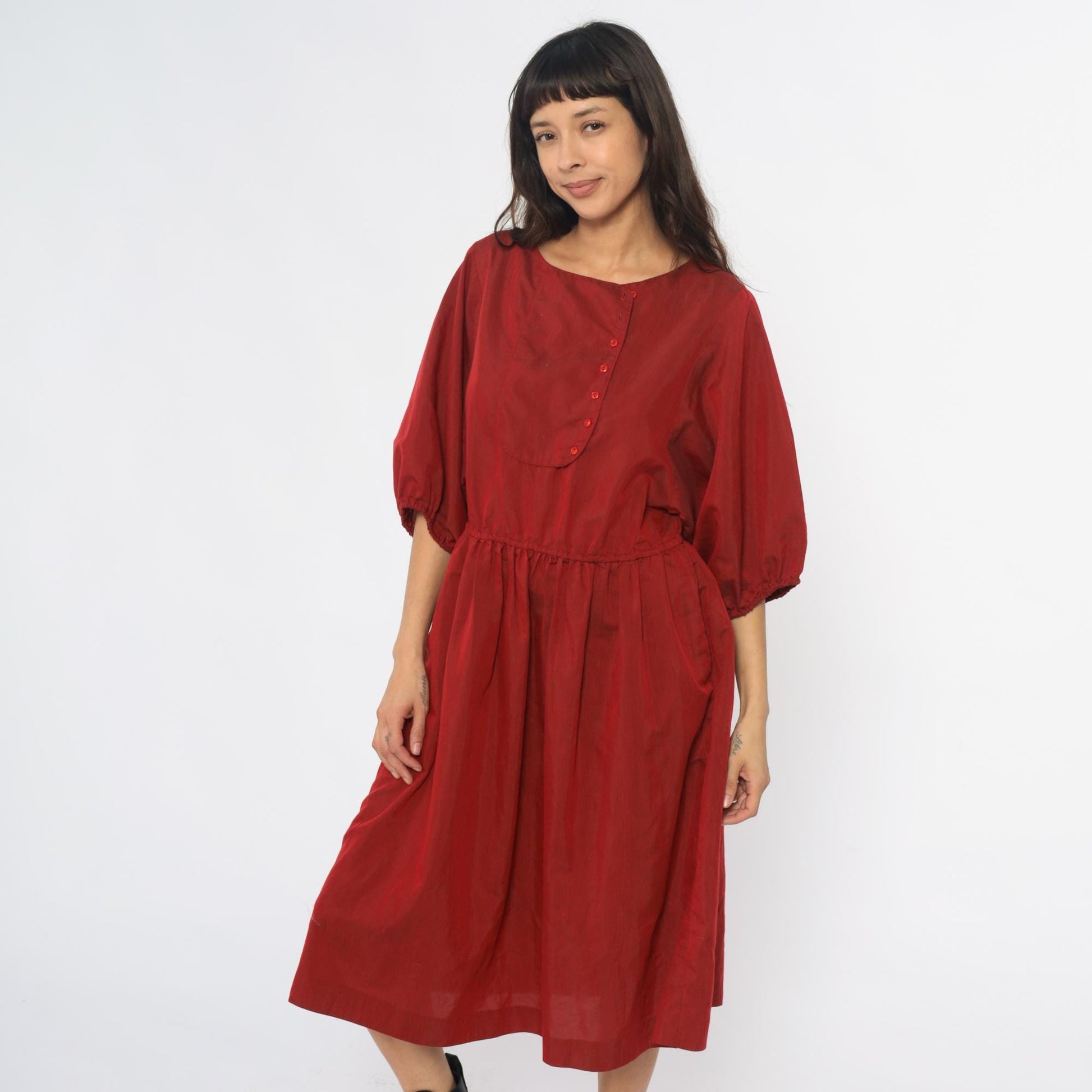 80s Burgundy Puff Sleeve Dress A-Line Gathered Waist Button Front Medium M