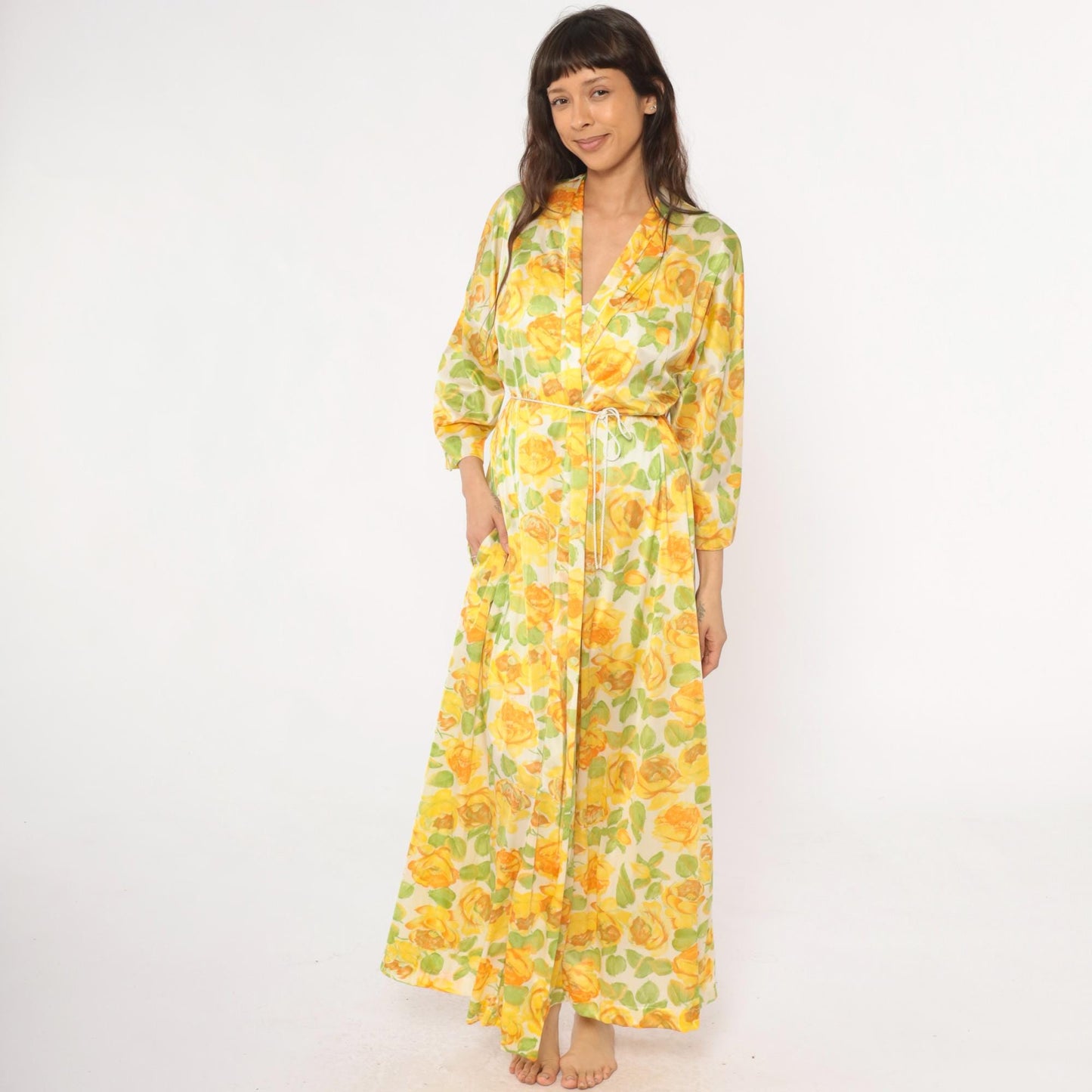 80s Vanity Fair Yellow Rose Floral Robe Maxi Duster Shawl Collar Medium