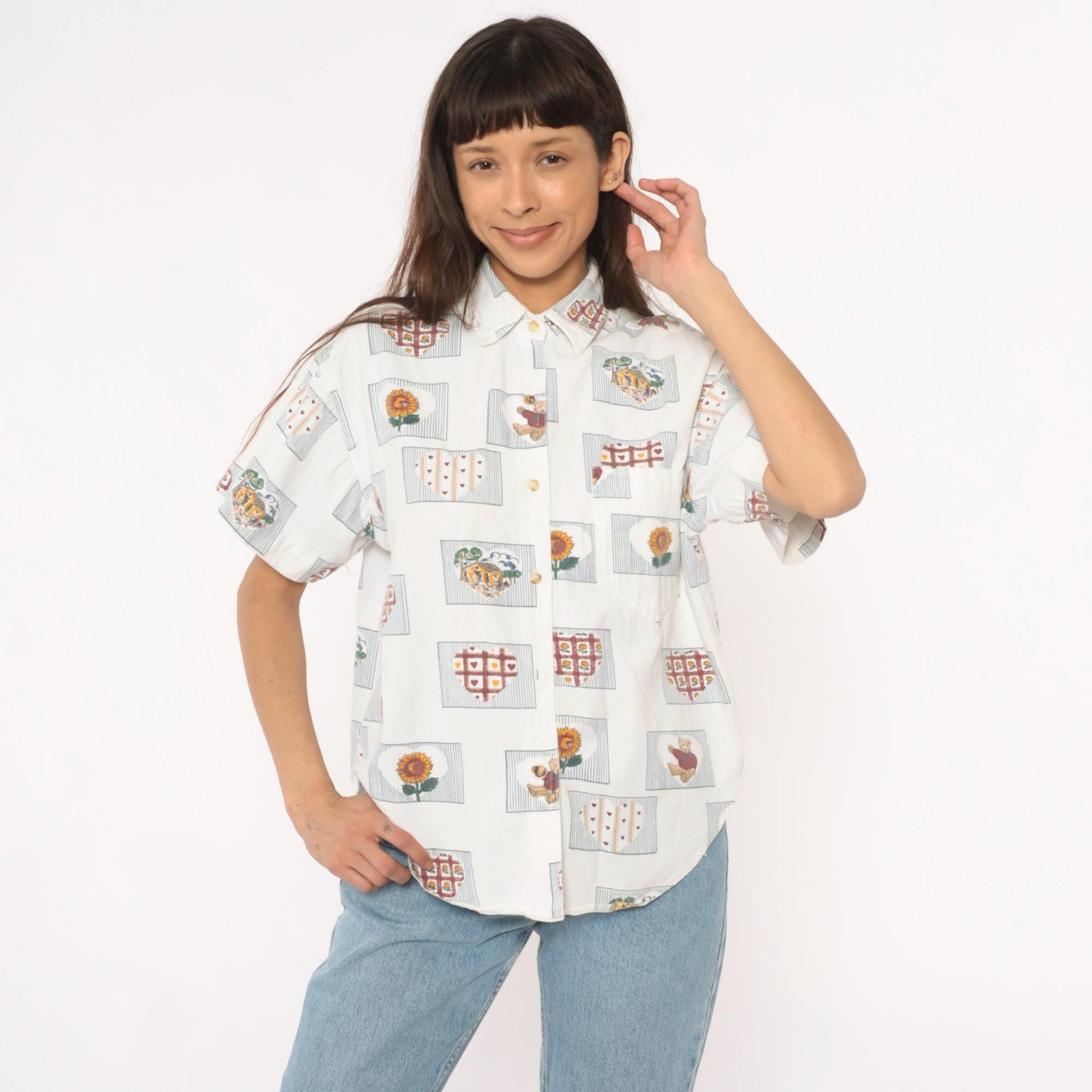 90s Cream Cotton Button-Up Shirt Sunflower Teddy Bear Heart Print Large L