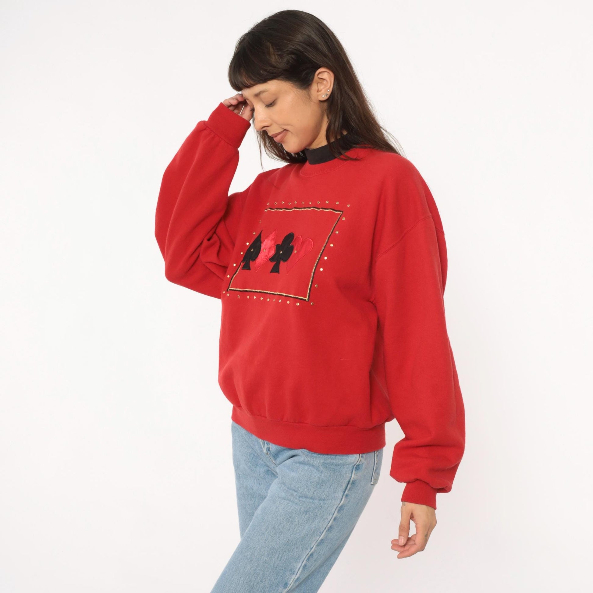 90s Jerzees Playing Card Sweatshirt Red Studded Casino Graphic Crewneck Large L