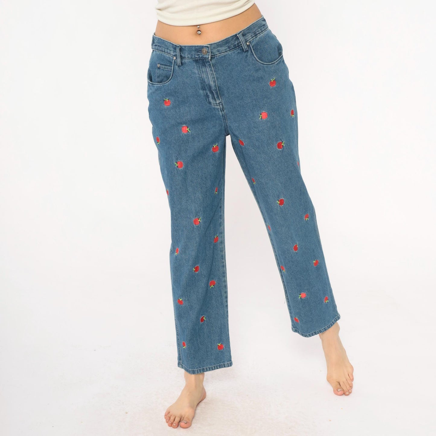 90s Breckenridge Petite Apple Embroidered Jeans Cropped High Waist Blue Small