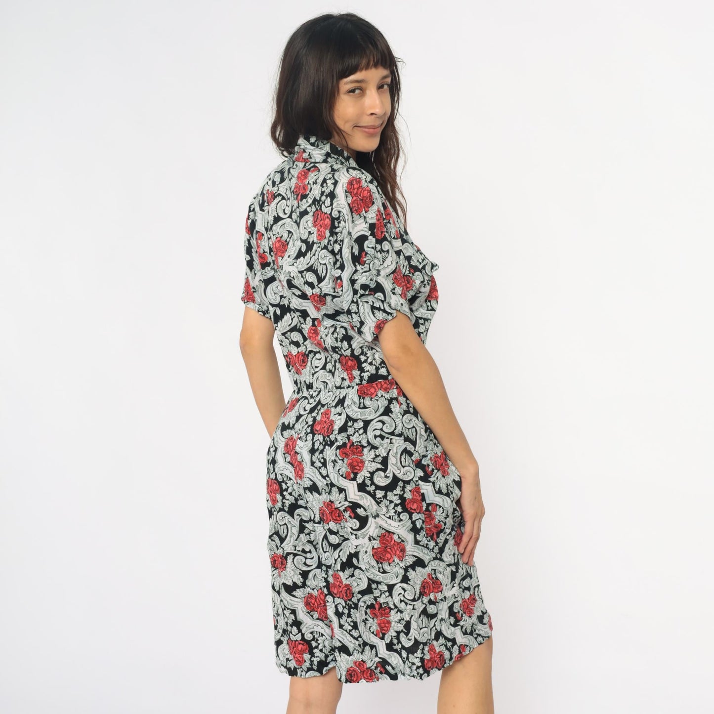 90s Floral Rayon Romper Black Red Rose Baroque Scrollwork Wide Leg Medium M