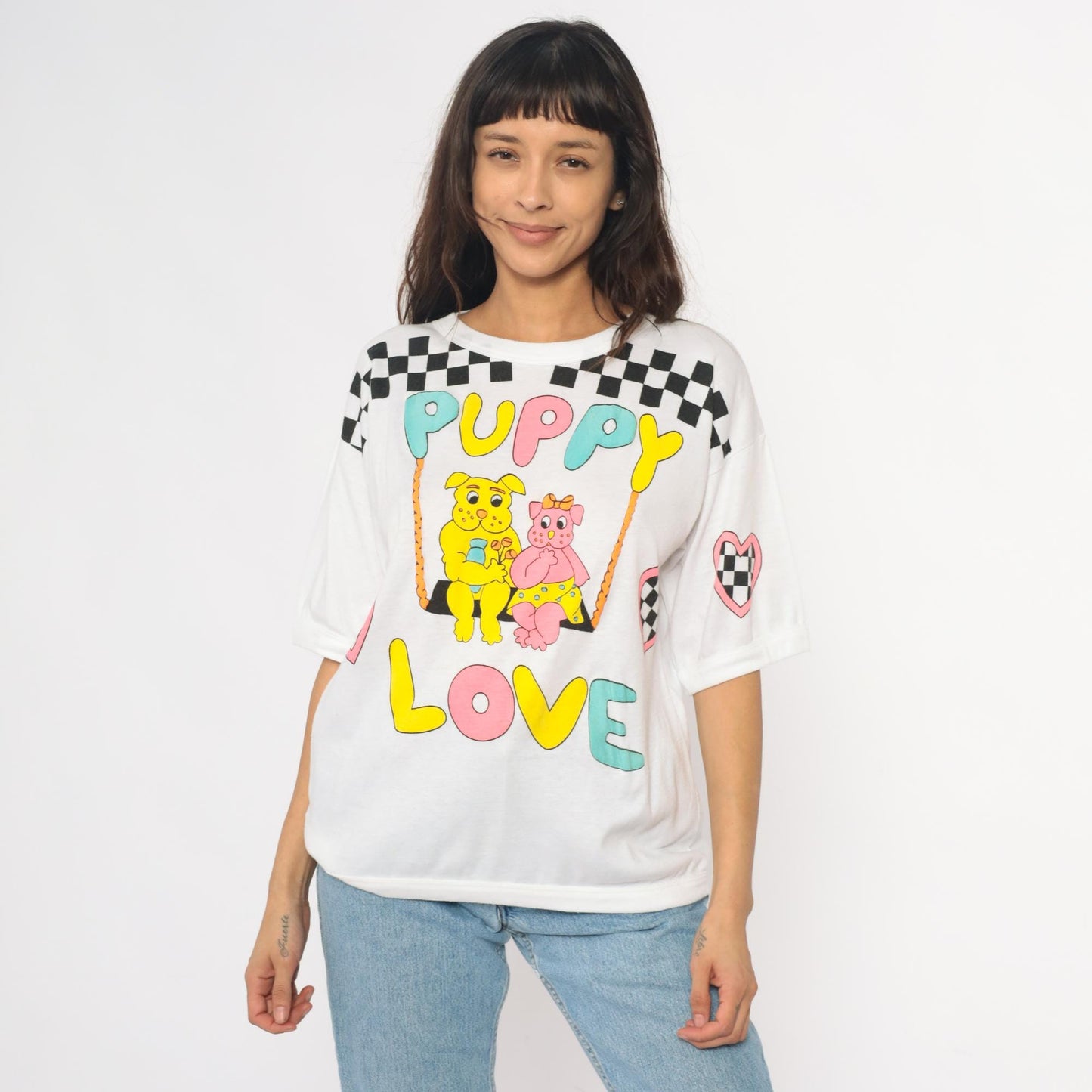 90s Puppy Love Graphic T-Shirt White Checkered Hearts Dogs Medium M