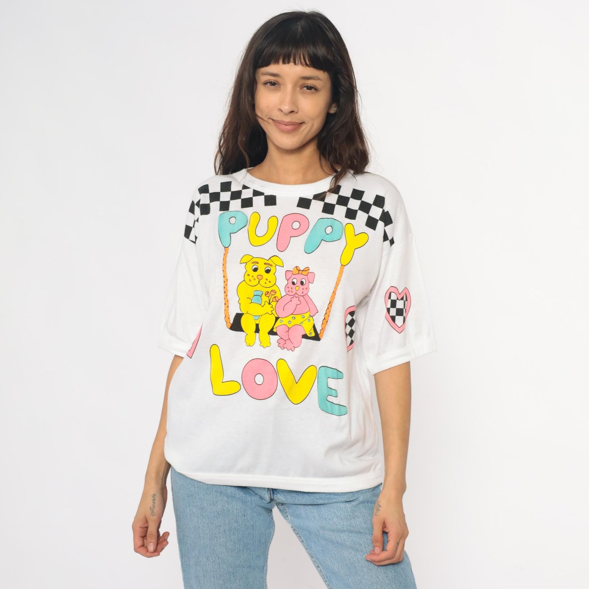 90s Puppy Love Graphic T-Shirt White Checkered Hearts Dogs Medium M