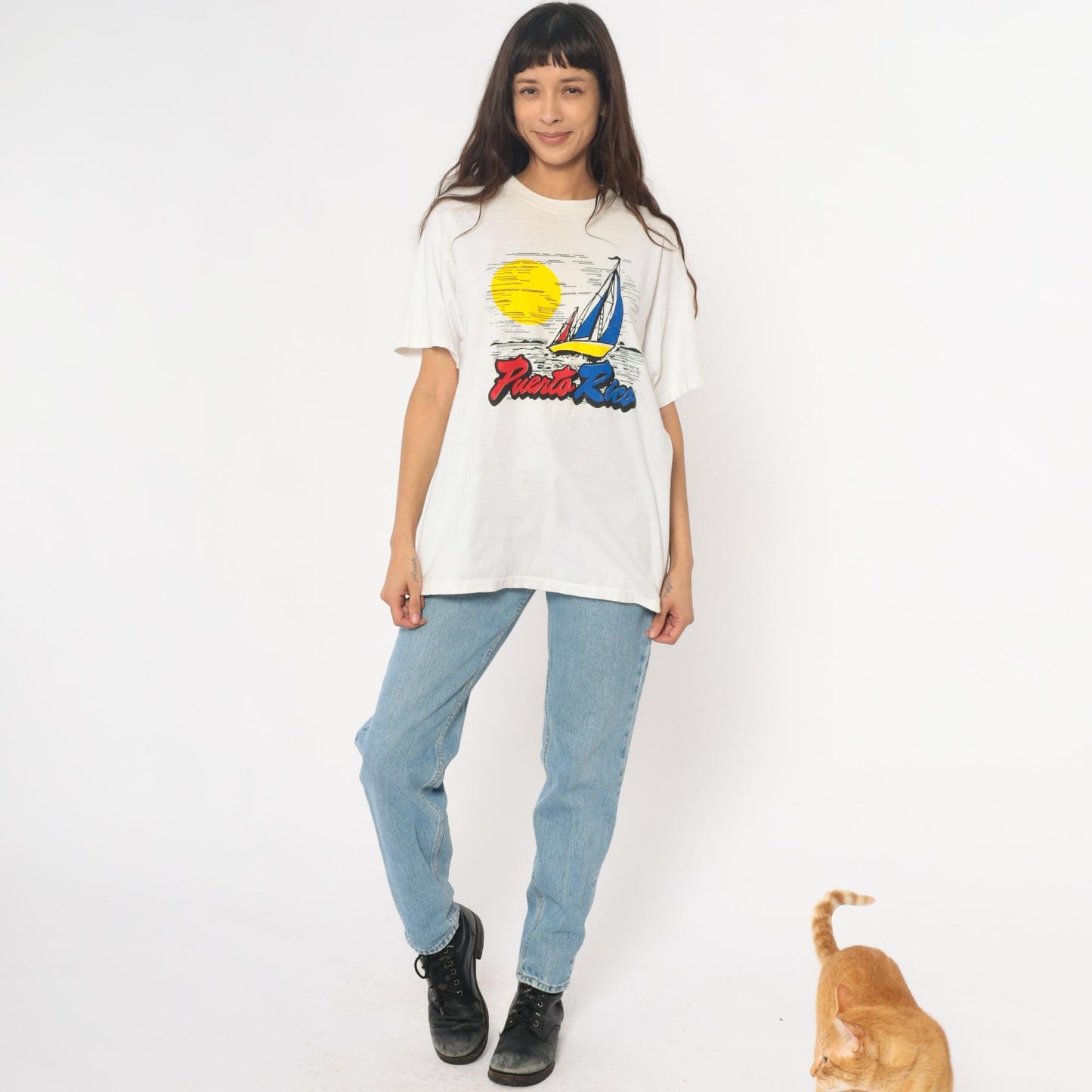 90s Puerto Rico Sailboat Graphic T-Shirt White Cotton Crew Neck Large