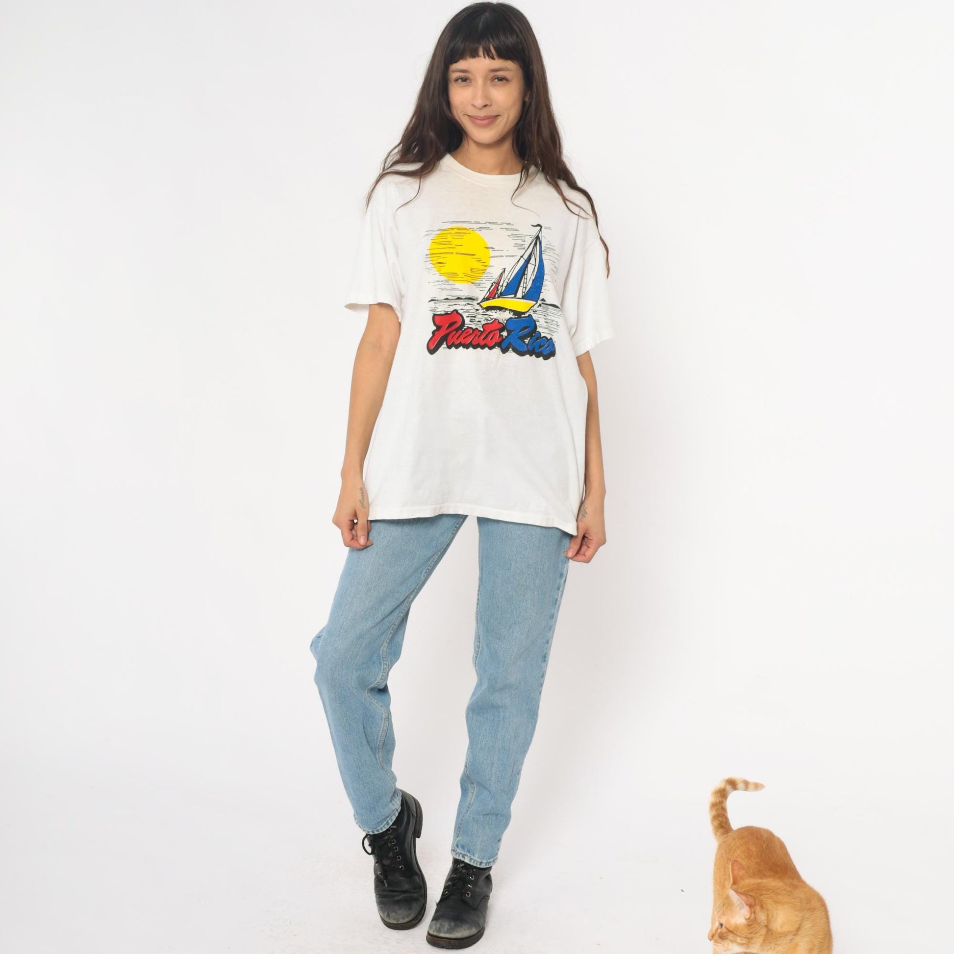 90s Puerto Rico Sailboat Graphic T-Shirt White Cotton Crew Neck Large