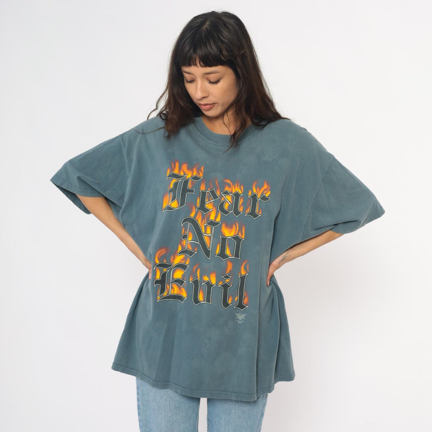 Y2K Fear No Evil Graphic Tee Teal Flame Skulls Plus Size XXL