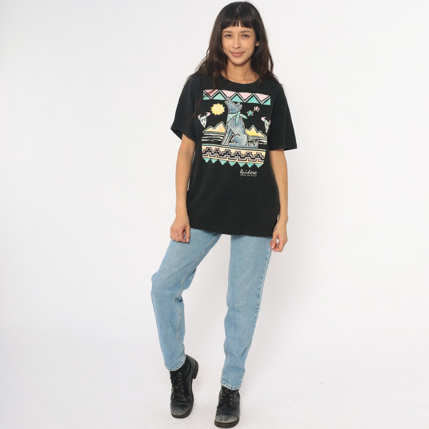 90s Ruidoso New Mexico Southwestern Coyote Graphic Tee Black Cotton Large L