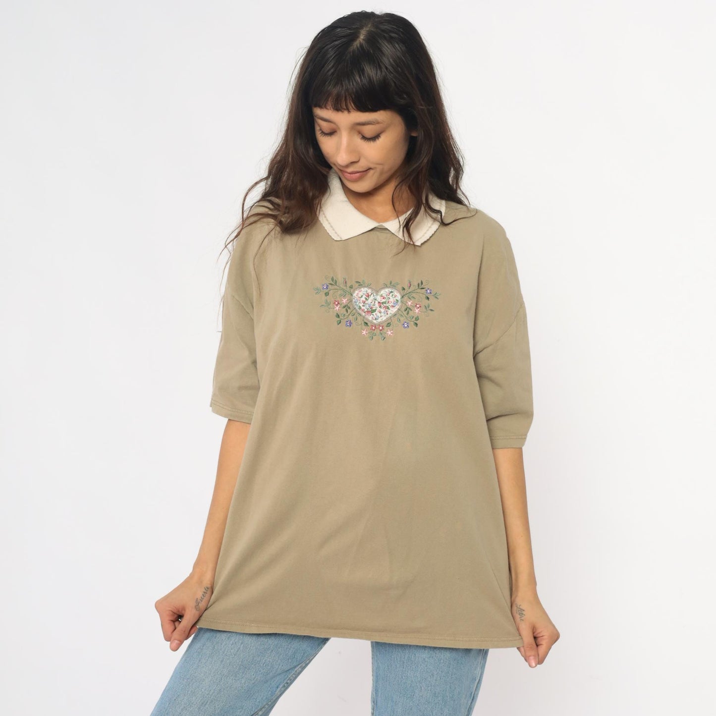 90s Embroidered Floral Heart Polo Shirt Tan Cotton Peter Pan Collar Extra Large
