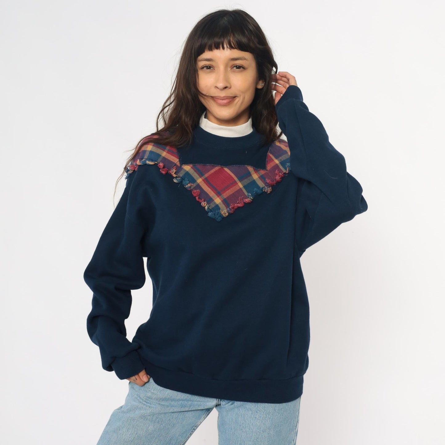 90s Jerzees Navy Plaid Yoke Sweatshirt Burgundy Teal Frayed Crewneck Extra Large XXL