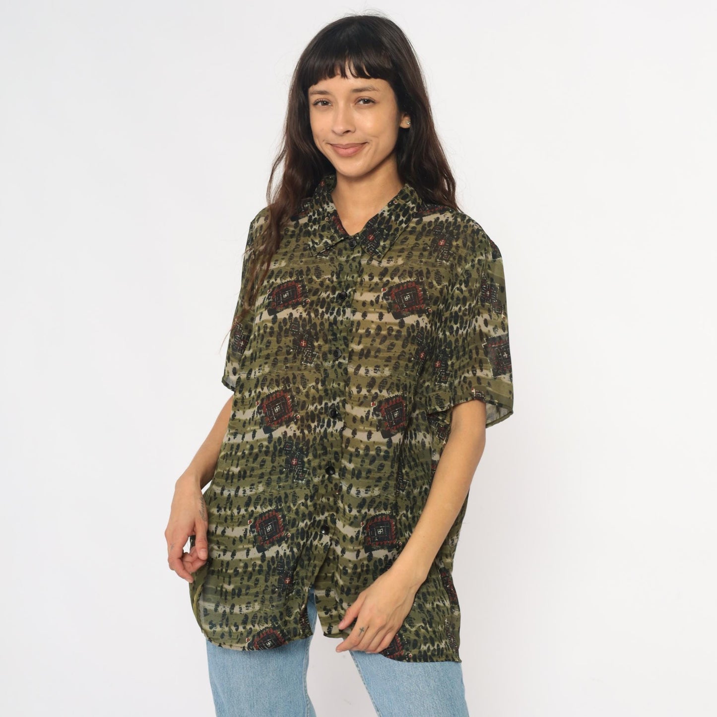 90s Olive Green Leopard Spot Button-Up Blouse Geometric Print Extra Large XL